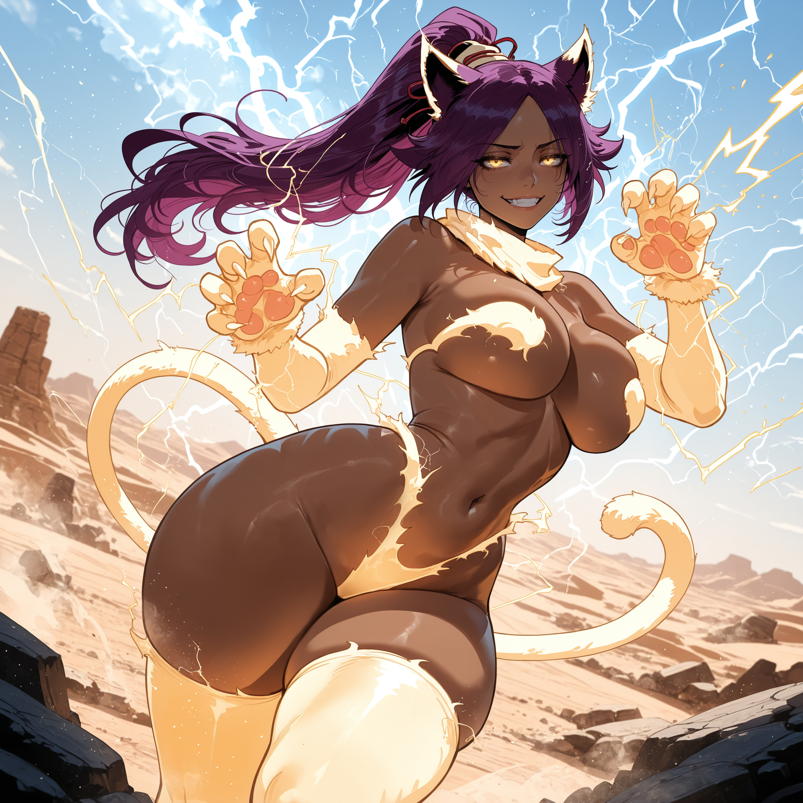 1girl, 1girls, ai assisted, ai generated, animal ear fluff, animal ears, bangs, bleach, breasts, cat ears, cat tail, city, curvaceous, curvy, curvy female, curvy figure, dark skin, eyebrows visible through hair, female, female only, grin, large breasts, long hair, looking at viewer, miyuai, navel, outdoors, paws, ponytail, purple hair, shihouin yoruichi, smile, solo, tail, teeth, thick, thick ass, thick butt, thick hips, thick legs, thick thighs, voluptuous, voluptuous female, water, wide hips, wide thighs, yellow eyes
