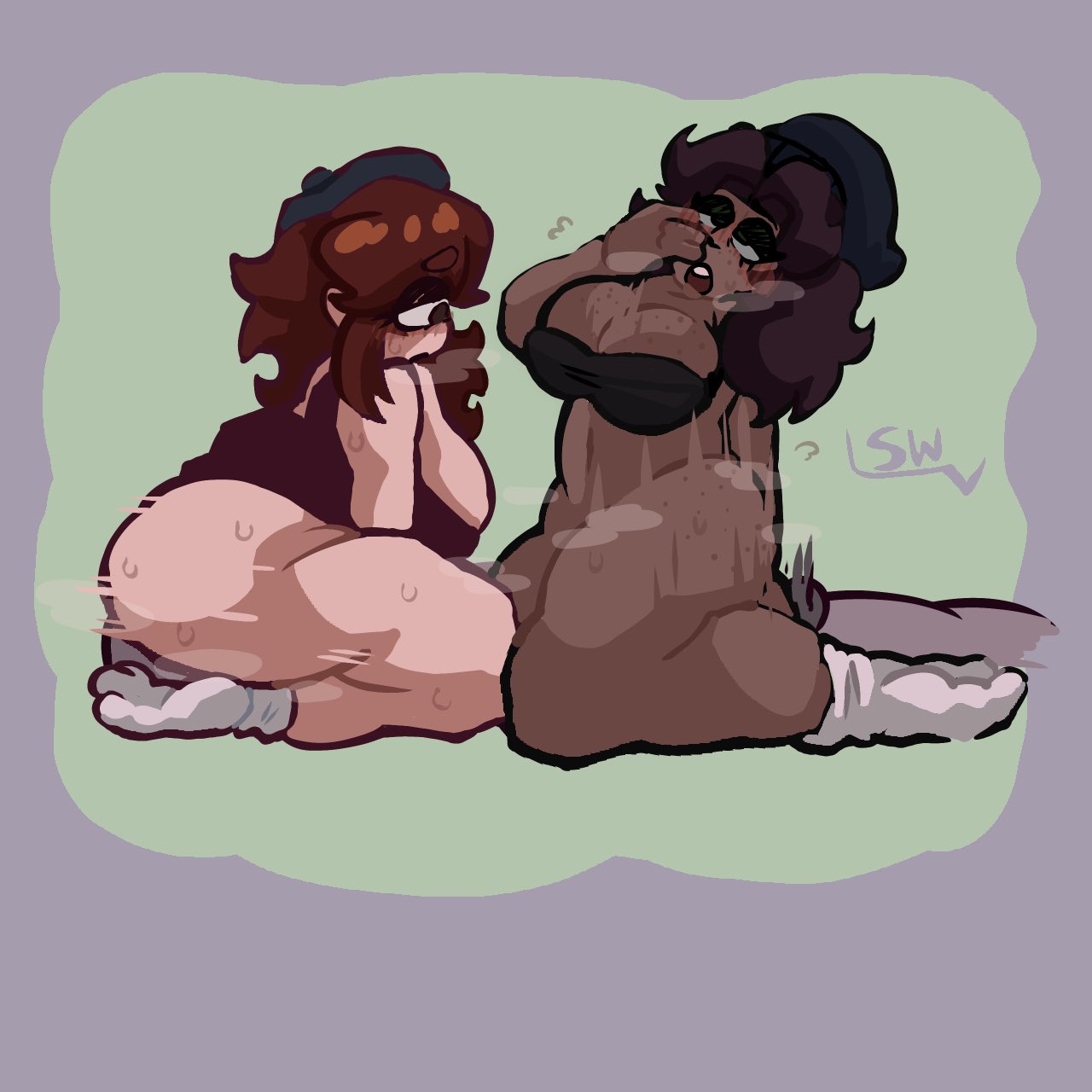 2girls1boy, anon, arms behind legs, beanie, beanie hat, beret, black beret, black bra, blue beanie, bottom male, bottoming, brown eyebrows, brown eyes, brown eyes female, brown hair, brown hair female, commission, commission art, dark skin, dark skinned female, eyes rolling back, freckles on breasts, freckles on legs, freckles on thighs, friday night funkin, friday night funkin mod, green background, green eyes, green eyes female, grey skin, grey skinned male, half lidded eyes, hand near face, head tilt, head tilted back, light skin, light skinned female, long hair, long hair female, looking at another, looking at another's breasts, looking at breasts, massacre girlfriend (friday night funkin), millie (mistful crimson morning), mistful crimson morning, moaning, moaning in pleasure, open mouth, purple background, purple hair, purple hair female, red shirt, riding cock, riding face, riding penis, sara taylor, sitting on face, small nose, socks, step right up: adventure isle, sw, sweat clouds, sweaty arms, sweaty ass, teeth visible, threesome, threesome sex, white socks