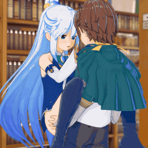 1boy, 1girls, 3d, animated, aqua (konosuba), blue eyes, blue hair, boots, bosho, brown hair, cape, clothed sex, female, heel boots, high heel boots, illusion soft, koikatsu, kono subarashii sekai ni shukufuku wo!, library, long hair, male, satou kazuma, short hair, standing sex, stockings, tagme, thigh boots, thighhigh boots