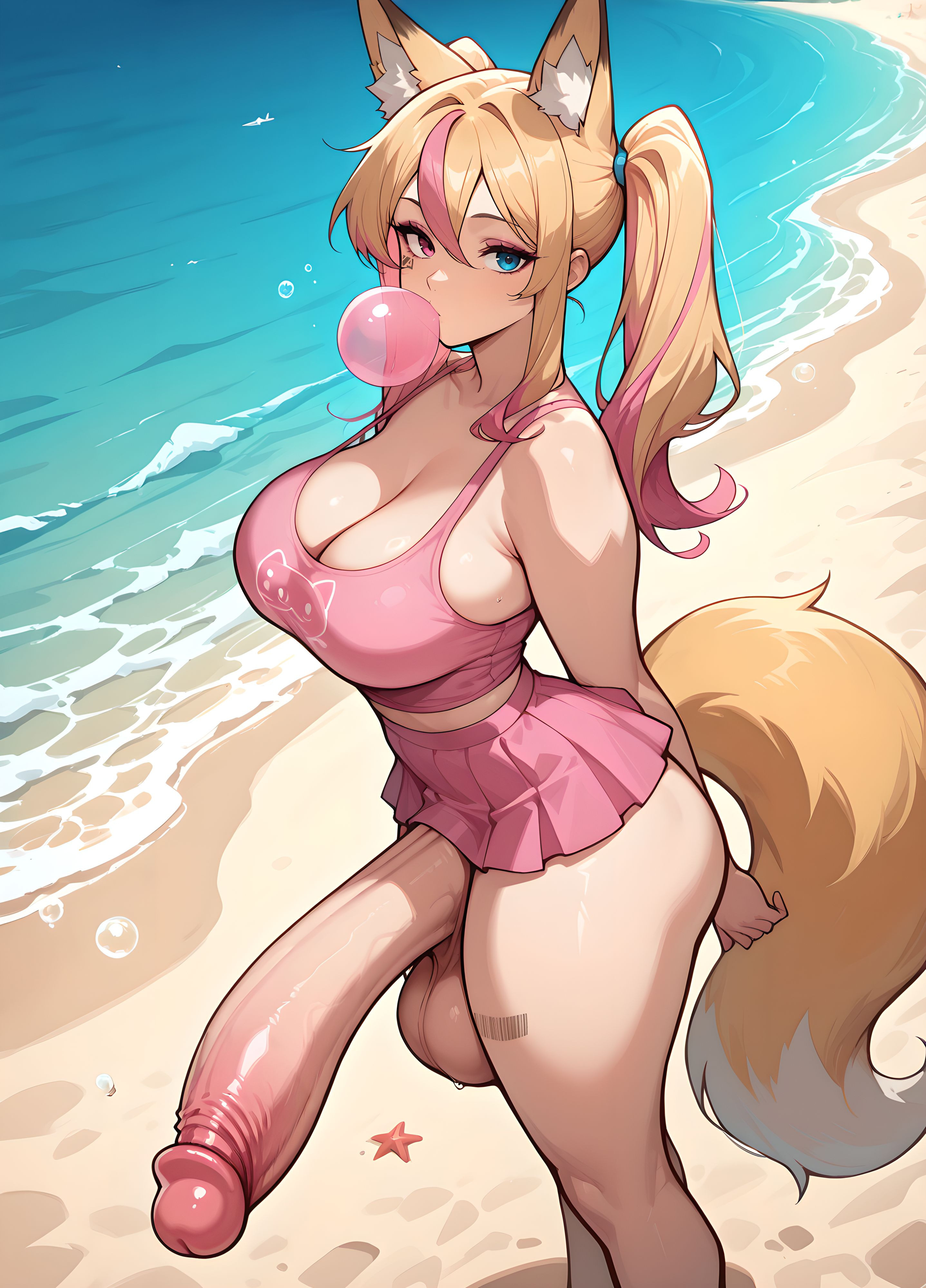 1futa, ai generated, animal ears, beach, bell, blonde hair, blue eyes, breasts, embarrassed, erection, foxyevoxy, futanari, grapesss, heterochromia, huge balls, huge cock, hyper penis, large breasts, long hair, nude, outdoors, penis, pink eyes, solo, standing, summer, sweat, tail, testicles, uncensored, vtuber
