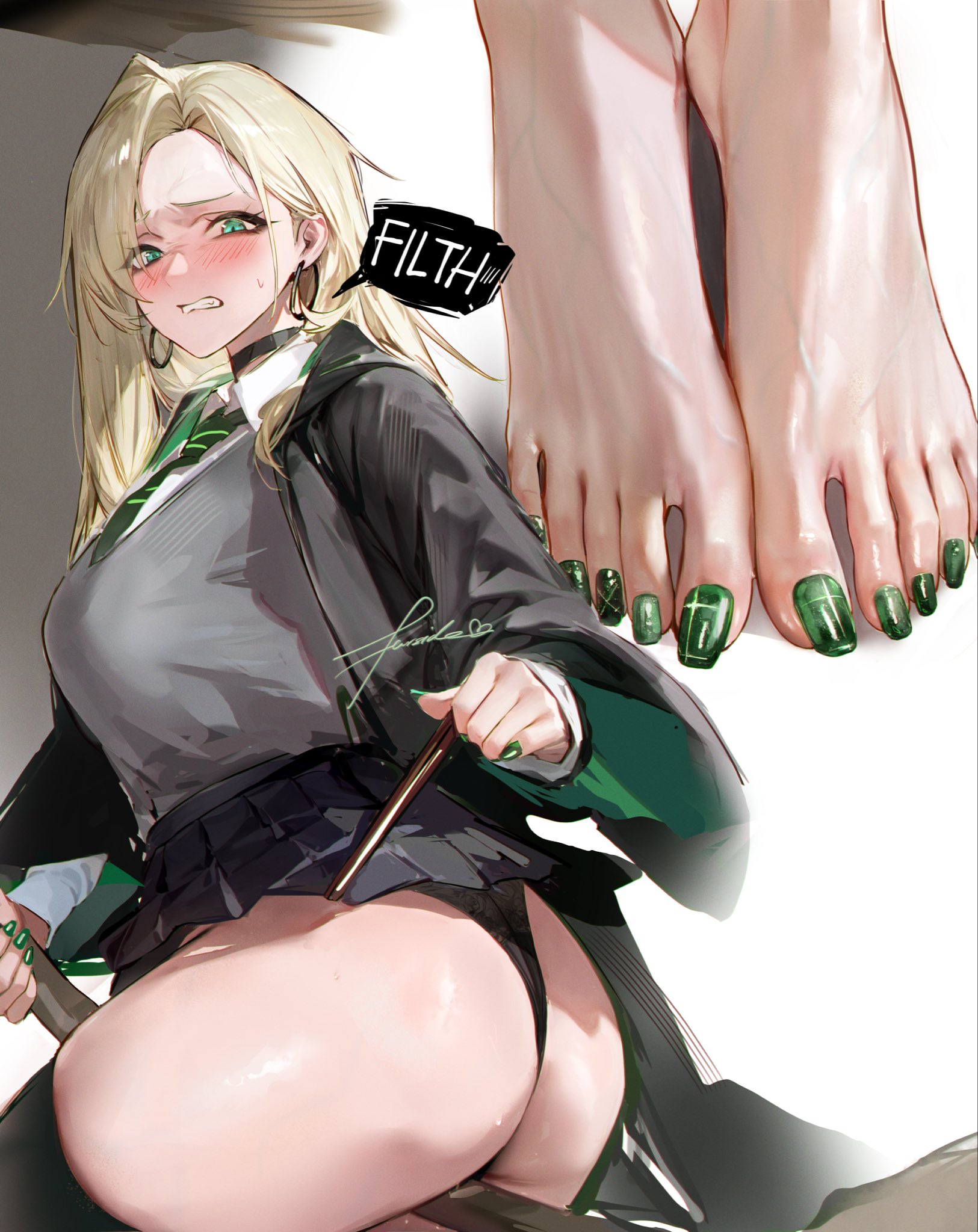 1girls, artist request, blush, breasts, draco malfoy, draco malfoy (redteneri), embarrassed, female, female focus, female only, fingernail polish, fingernails, foot fetish, foot focus, genderswap, girls, harry potter, hi res, large breasts, light skin, light-skinned female, looking at viewer, rule 63, thick thighs, thighs, toenail polish, toenails, wide hips