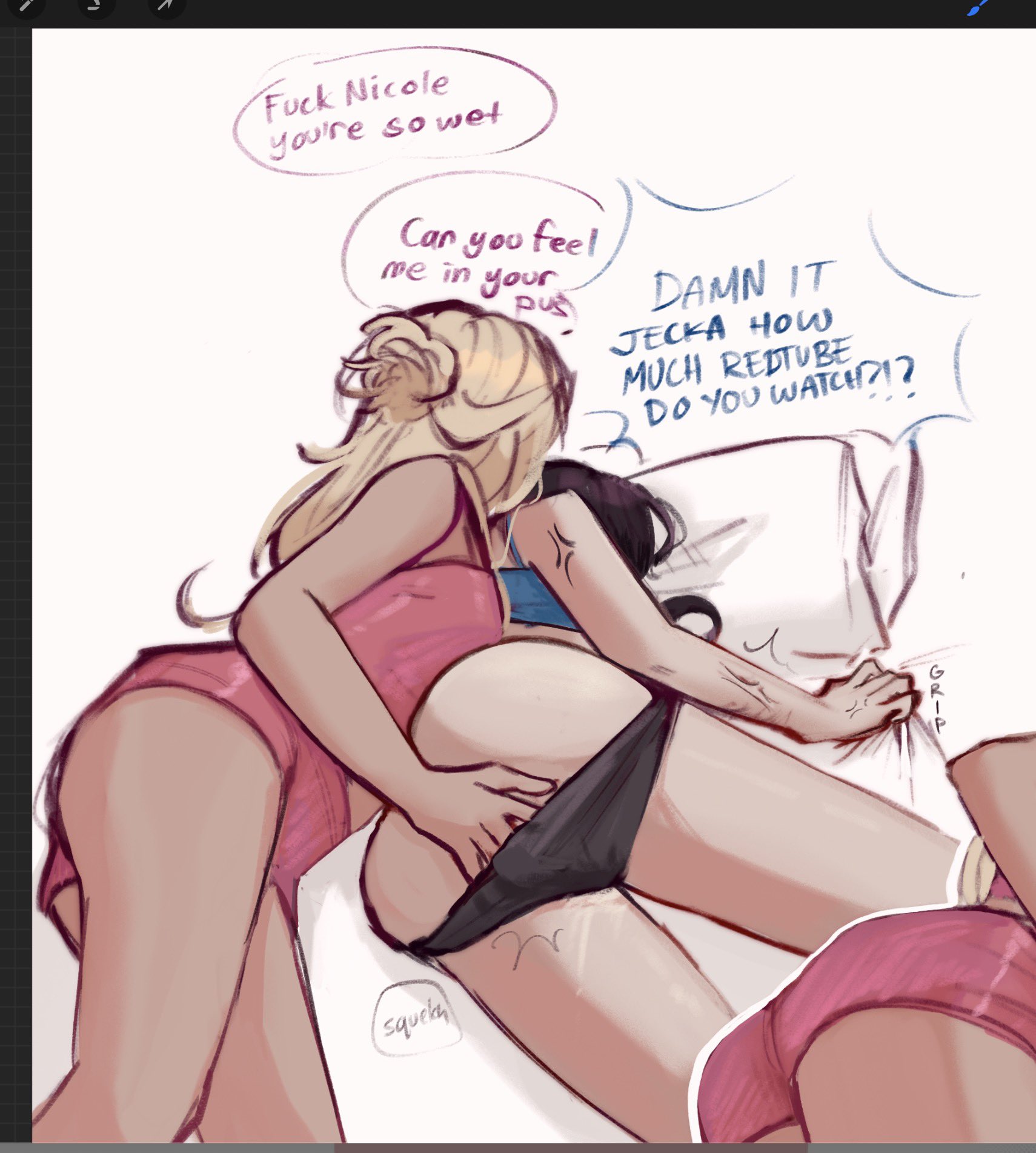 2girls, ass, black hair, black panties, blonde hair, class of '09, english text, fingering, hand in another's panties, hand in panties, jecka (class of '09), lesbian, lesbian sex, lesbians, masturbating other, masturbation, nicole (class of '09), panties, panty pull, speech bubble, underwear, yuri
