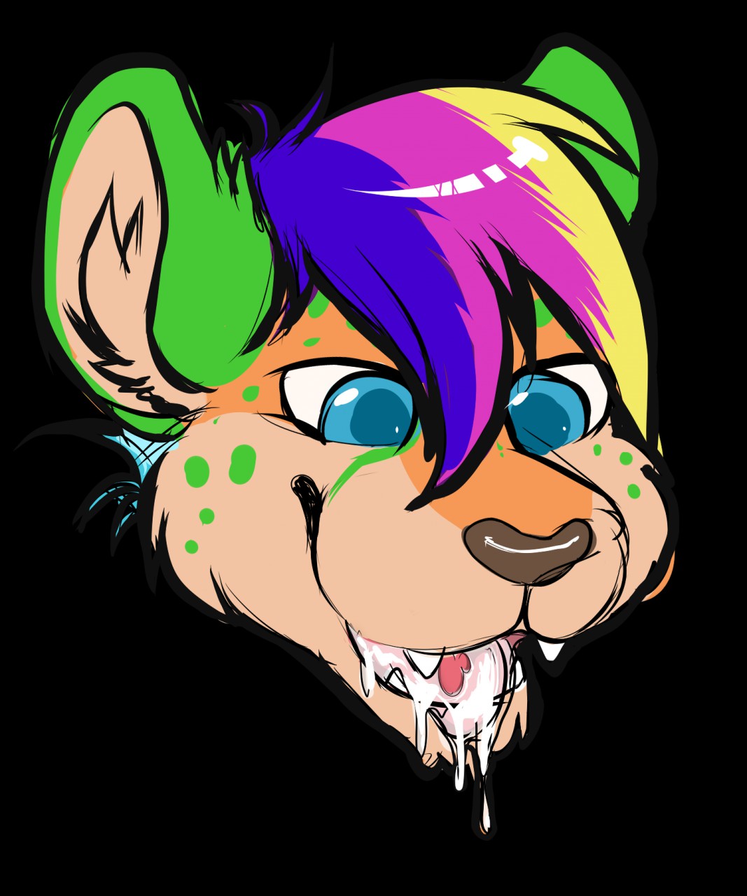 blue_eyes bodily_fluids cheetah cum cum_in_mouth cum_inside felid feline genital_fluids hair headshot hi_res mammal multicolored_hair open_mouth oral rainbow_hair ratlovera