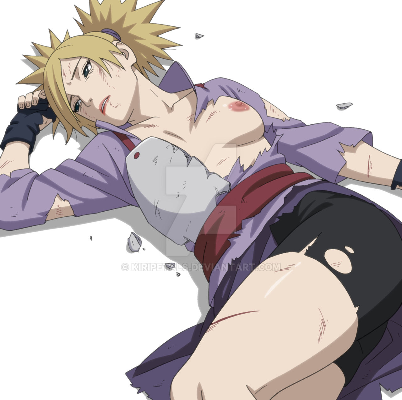 1girls, bike shorts, blonde hair, breasts, broken armor, defeated, defeated heroine, female, fingerless gloves, green eyes, kiripetals, lipstick, looking away, naruto (series), naruto: the last, one breast out, solo, solo female, temari, tied hair, torn clothes