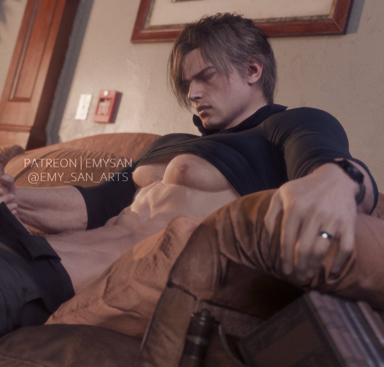 1boy, 3d, abs, artist name, biceps, big pecs, big penis, brown hair female, carpet matching drapes, compression shirt, couch, dilf, emy-san, happy trail, human, human only, jerkingoff, leon scott kennedy, light skin, light-skinned male, living room, male, male only, masturbating, masturbation, mature male, muscular, muscular arms, muscular male, muscular shoulders, pants open, pecs out, penis peek, pubic hair, resident evil, resident evil 9: requiem, ring, shirt up, short hair, sitting on couch, solo, solo focus, solo male, stroking penis, tight shirt, watch, watermark, wedding ring