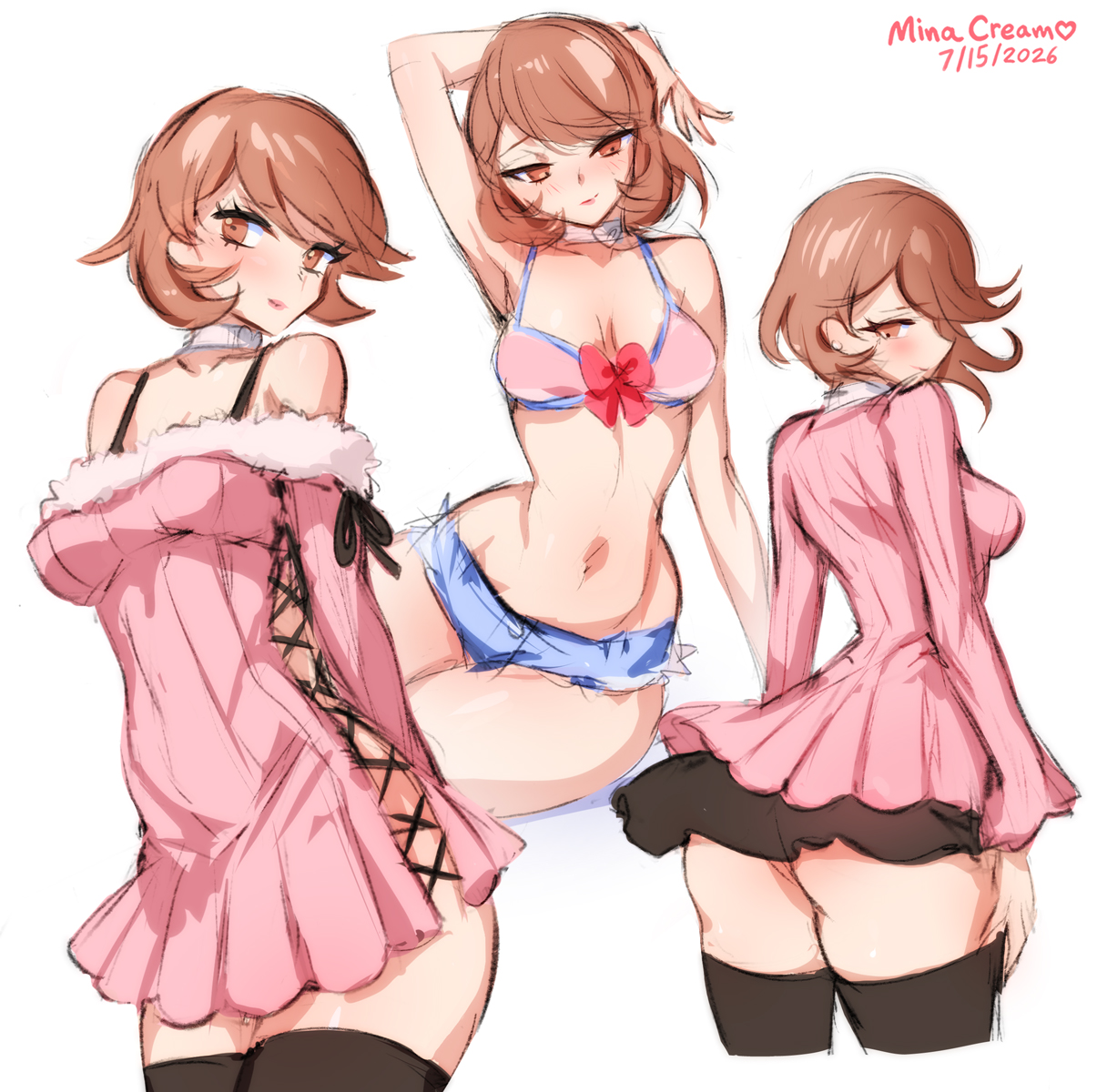 1girls, armpits, ass, atlus, belly button, bikini, bikini top, black legwear, black skirt, black thighhighs, blush, brown eyes, brown hair, choker, female, female only, jean shorts, legwear, megami tensei, midriff, minacream, no panties, persona, persona 3, pink bra, pink sweater, short hair, shorts, skirt, socks, stockings, sweater, thighhighs, thighs, white background, white choker, yukari takeba