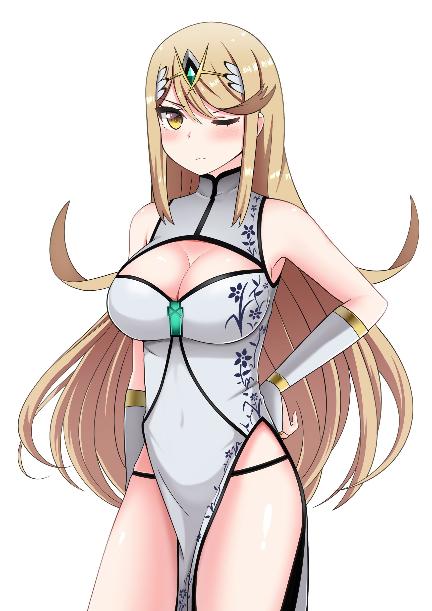 absurdres, alternate costume, bangs, bare shoulders, blonde hair, blush, breasts, china dress, chinese clothes, cleavage, cleavage cutout, covered navel, dress, elbow gloves, female, female focus, fingerless gloves, gem, gloves, hair ornament, headpiece, highres, jewelry, large breasts, long hair, looking at viewer, mythra (xenoblade), nintendo, one eye closed, panties, pose, simple background, solo, swept bangs, the only shoe, thighs, tiara, underwear, very long hair, white background, xenoblade (series), xenoblade chronicles 2, yellow eyes