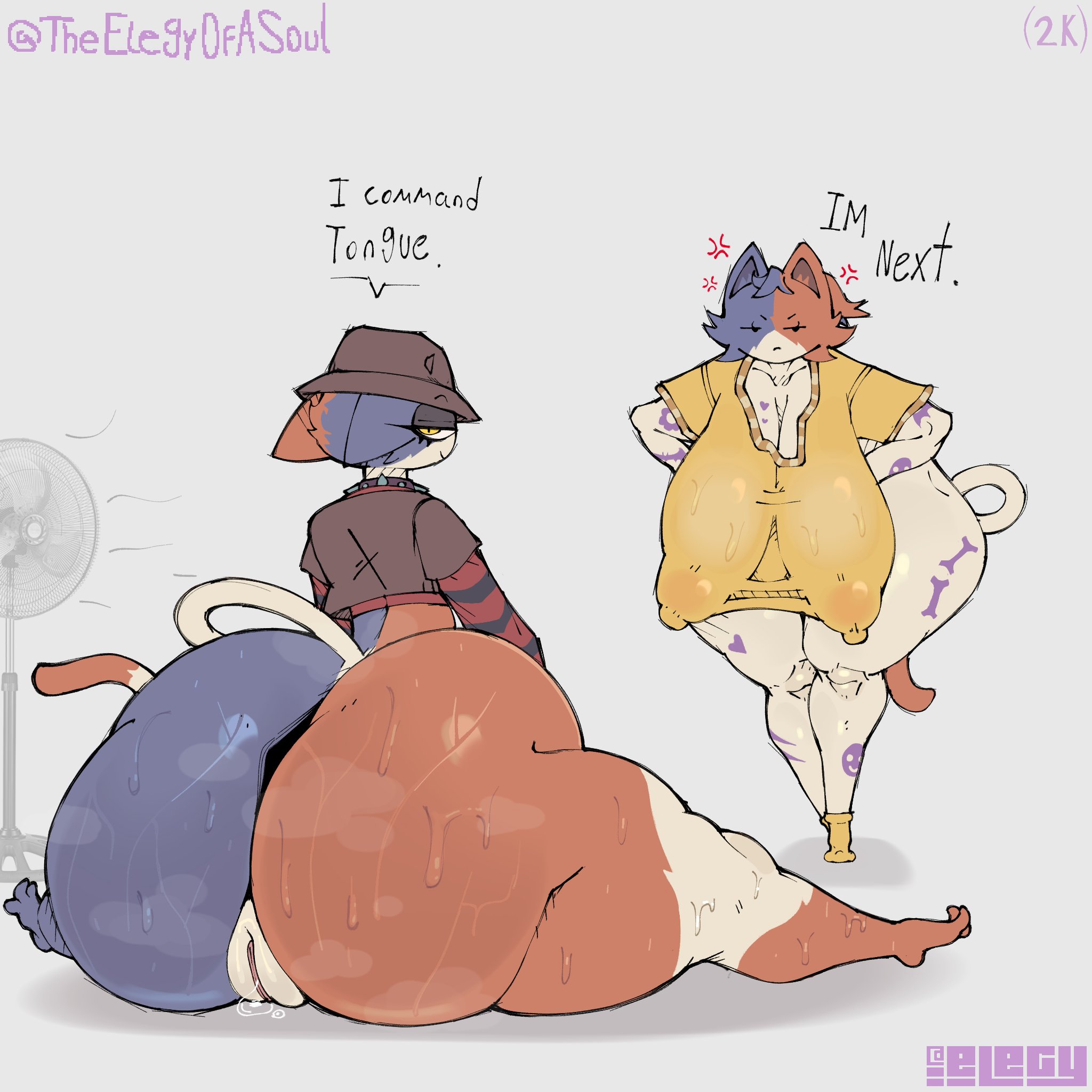 2girls, anger vein, anus, artist signature, ass, asshole, big ass, big boobs, big breasts, calico cat, cat ears, cat tail, cate meowdy (fortnite), catgirl, cousins, elegy, eyelashes, fan, fat ass, fortnite, furry, hat, huge ass, huge boobs, huge breasts, meow skulls, meow skulls (fortnite), metalhead meow skulls, nipple bulge, partially clothed, sweat, sweatdrop, sweating, sweaty ass, tail, theelegyofasoul, twitter username, wide hips