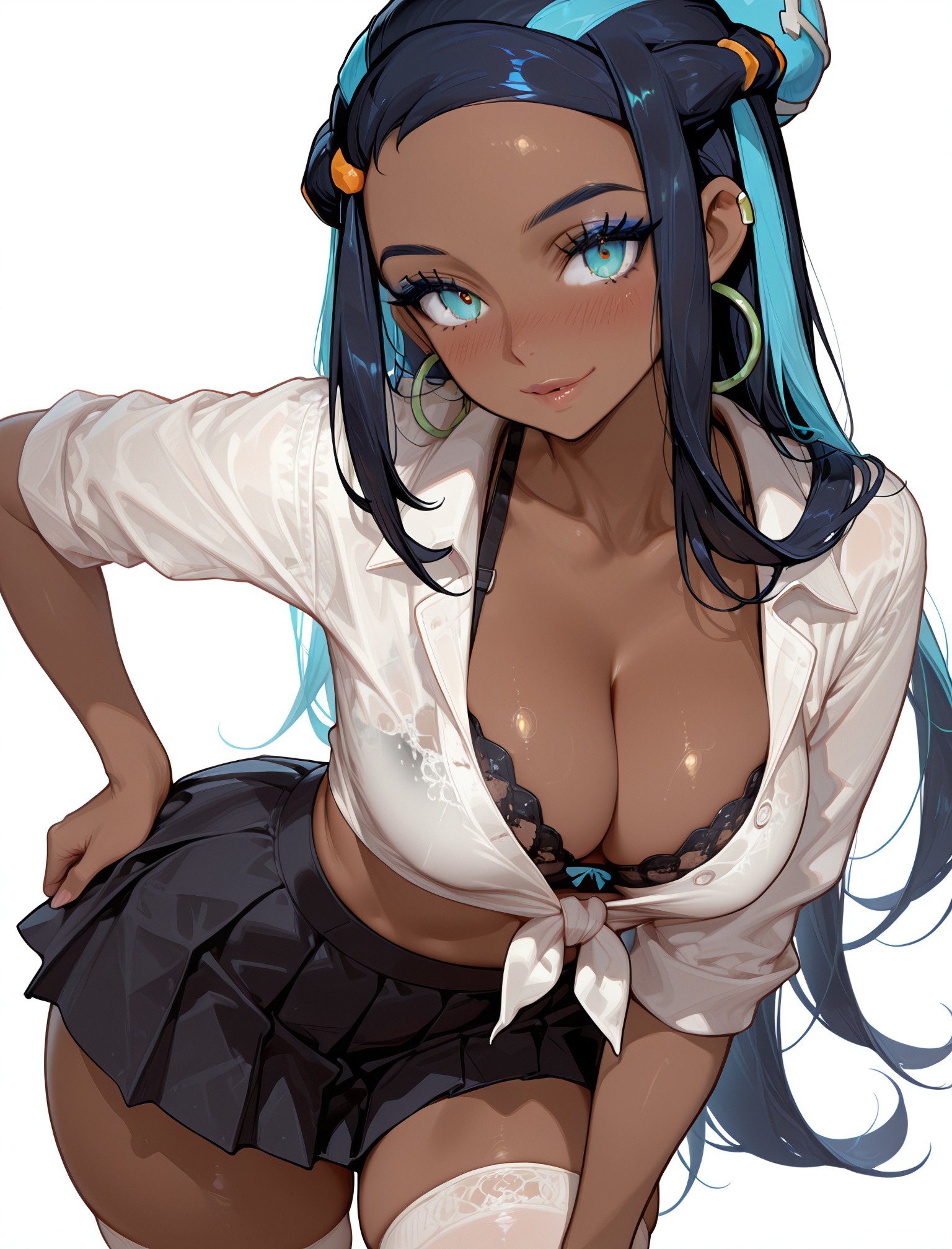 1girl, ai generated, alternate costume, arlequin097, black bra, black hair, black skirt, blue eyes, blue eyeshadow, blue hair, blush, bra, breasts, cleavage, collarbone, collared shirt, dark skin, dark-skinned female, earrings, eyeshadow, fanbox username, forehead, hair bun, hand on own hip, hoop earrings, jewelry, large breasts, leaning forward, long hair, looking at viewer, makeup, miniskirt, multicolored hair, nessa (pokemon), parted lips, patreon logo, patreon username, piercing, pleated skirt, pokemon, pokemon ss, school uniform, shirt, simple background, single hair bun, skirt, sleeves rolled up, smile, solo, thighhighs, thighs, tied shirt, two-tone hair, underwear, web address, white background, white shirt, white thighhighs, zettai ryouiki
