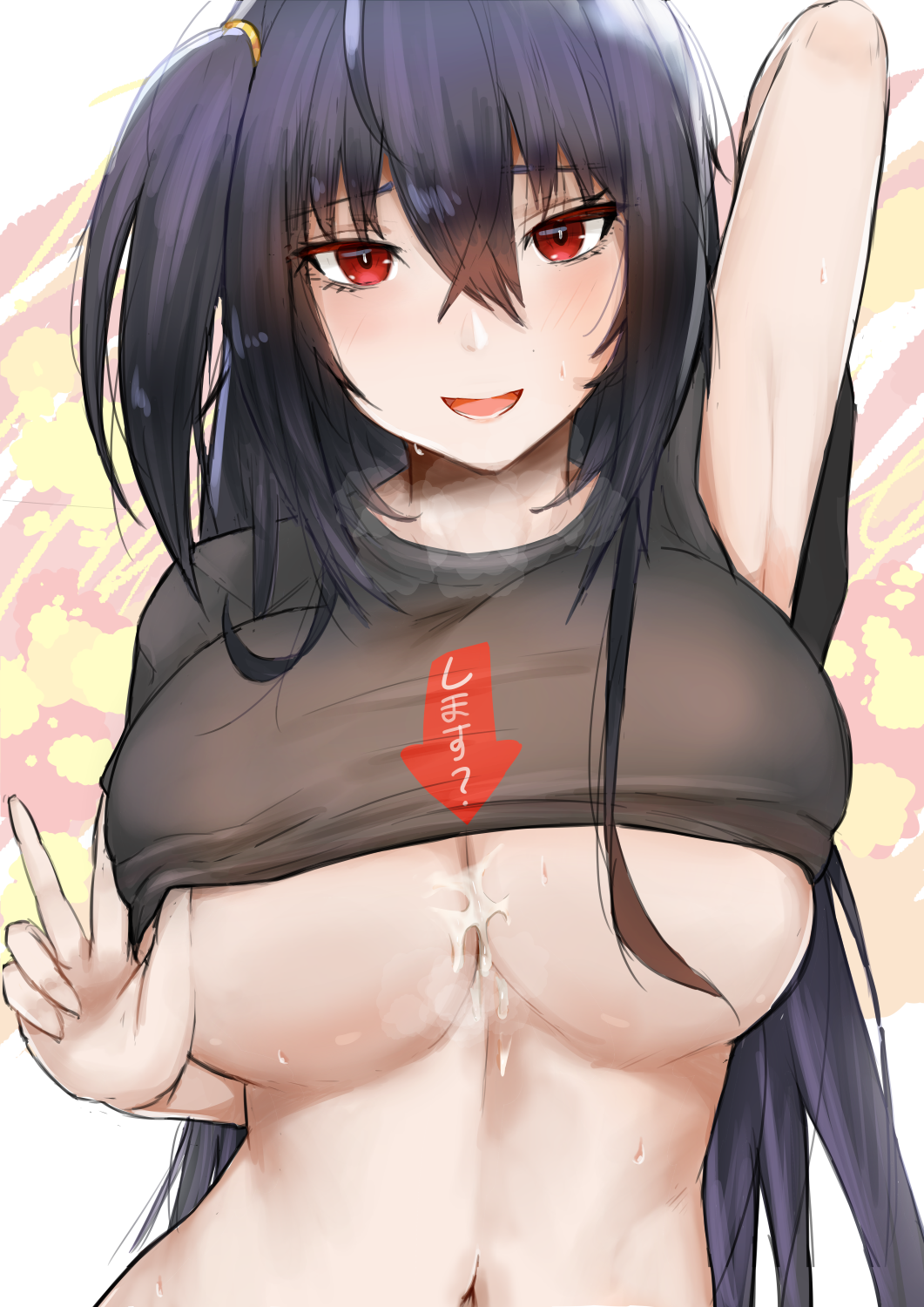 after_paizuri ahoge alternate_hairstyle arm_up azur_lane bangs black_hair black_shirt blush breasts closed_mouth clothes_writing cropped_shirt crossed_bangs cum cum_bridge cum_on_body cum_on_breasts cum_on_upper_body cum_string female hair_between_eyes hand_up heavy_breathing highres huge_breasts long_hair looking_at_viewer multicolored multicolored_background navel no_bra one_side_up open_mouth pink_background red_eyes shiny shiny_hair shirt short_sleeves simple_background smile solo sweat t-shirt taihou_(azur_lane) translated uchisukui underboob upper_body very_long_hair w white_background yellow_background