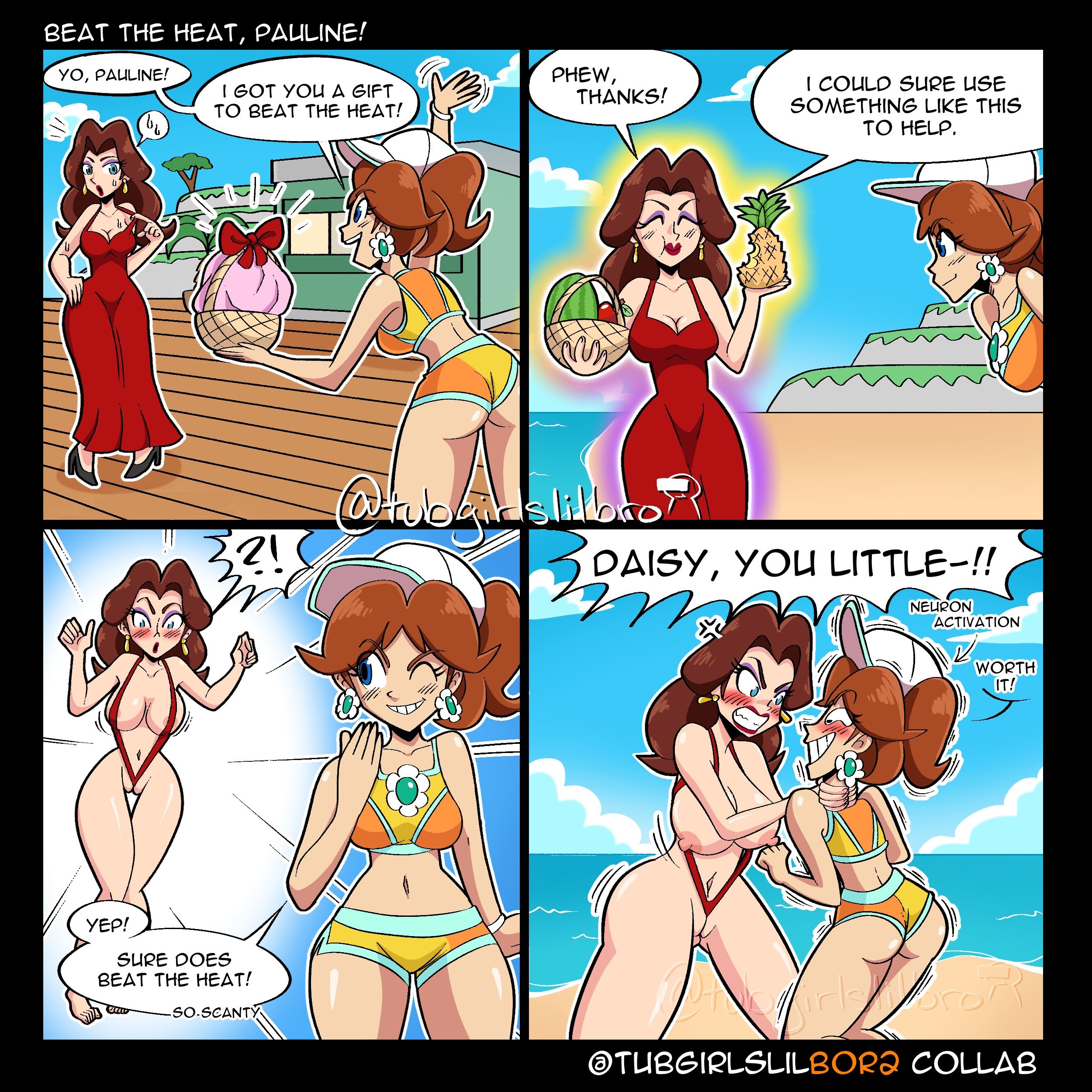 2girls, ass, ass hanging out, ass hanging out of shorts, back, backboob, beach, between labia, bikini, blue eyes, blush, booty shorts, breasts, brown hair, butt, comic, curvy, dash food, duo, earrings, eyeshadow, female, female only, flower earrings, ginger hair, hat, innie pussy, light skin, light-skinned female, lips, lipstick, long hair, mario (series), mario kart, mario kart world, nintendo, nipples, open mouth, pauline, pauline (mario), ponytail, princess daisy, princess daisy (swimwear), pussy, pussy floss, red lipstick, short shorts, shorts, slingshot bikini, sports bikini, swimsuit, thick, thick hips, thick thighs, thighs, tied hair, tubgirlslilbro, violet eyeshadow, wide hips
