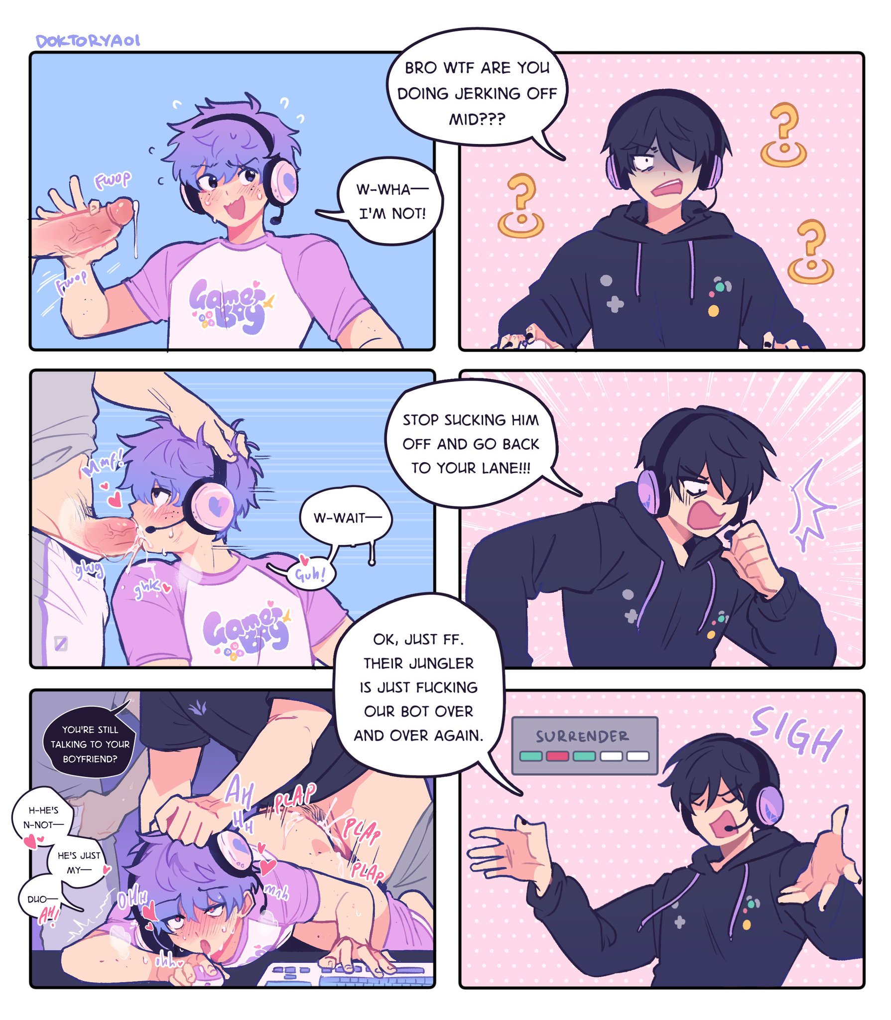 2026, 3boys, artist name, black hair, color, colored, comic, gay, gay male, gay sex, laying down, laying on bed, laying on stomach, male, male penetrating, male/male, oral, original, original character, purple hair, refrainbow, tagme, yaoi