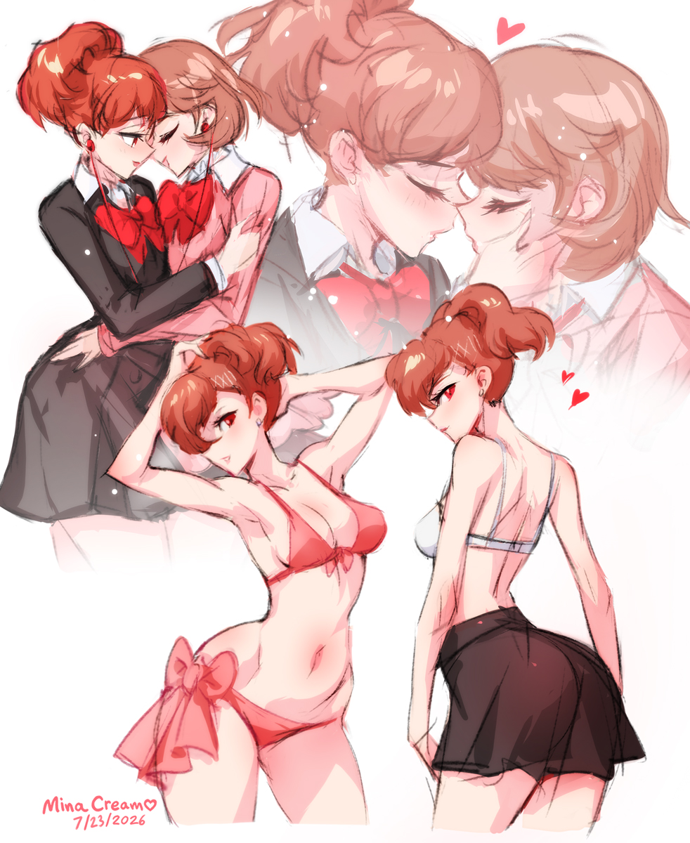 2girls, atlus, belly button, bikini, bikini bottom, bikini top, black shirt, black skirt, blush, bow, bra, brown hair, earphones, earrings, female/female, hearts, hips, holding, hug, kotone shiomi, lesbian, medium breasts, megami tensei, midriff, minacream, panties, persona, persona 3, persona 3 portable, pink sweater, red bow, red eyes, school uniform, shirtless, short hair, signature, skirt, swimsuit, thighs, white background, white bra, yukari takeba, yuri