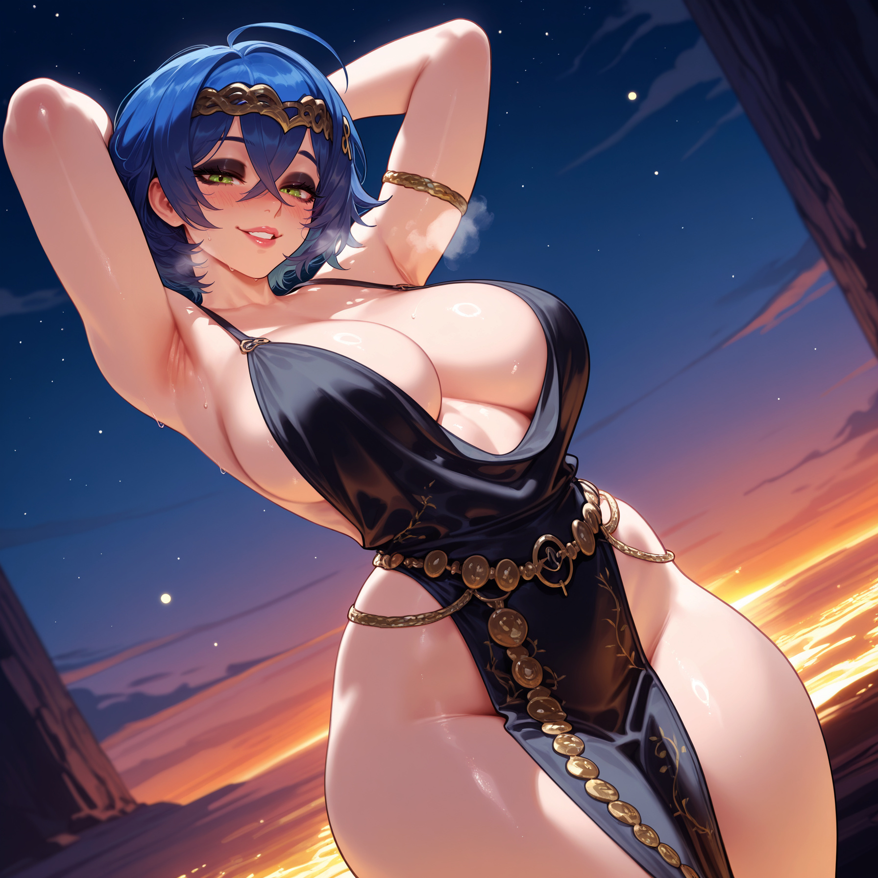 1girl, 1girls, ahoge, ai generated, armlet, armpits, arms behind head, arms up, balecxi, bangs, bare shoulders, belle (zenless zone zero), black dress, blue hair, blush, breasts, breath, circlet, cleavage, clothing, crossed bangs, curvaceous, curvaceous female, curvaceous figure, curvy, curvy figure, dress, dusk, evening gown, female, female focus, female only, green eyes, hair between eyes, hoyoverse, inviting, inviting to sex, large breasts, looking at viewer, makeup, mihoyo, night, night sky, no panties, ocean, parted lips, pelvic curtain, plunging neckline, presenting, presenting ass, presenting breasts, presenting hindquarters, presenting pussy, presenting self, queen marika the eternal (cosplay), revealing clothes, seductive, seductive look, seductive smile, short hair, sideboob, sky, sleeveless dress, smile, solo, star (sky), starry sky, sunset, thick thighs, thighs, uncensored, voluptuous, voluptuous female, wide hips, yellow eyes, zenless zone zero