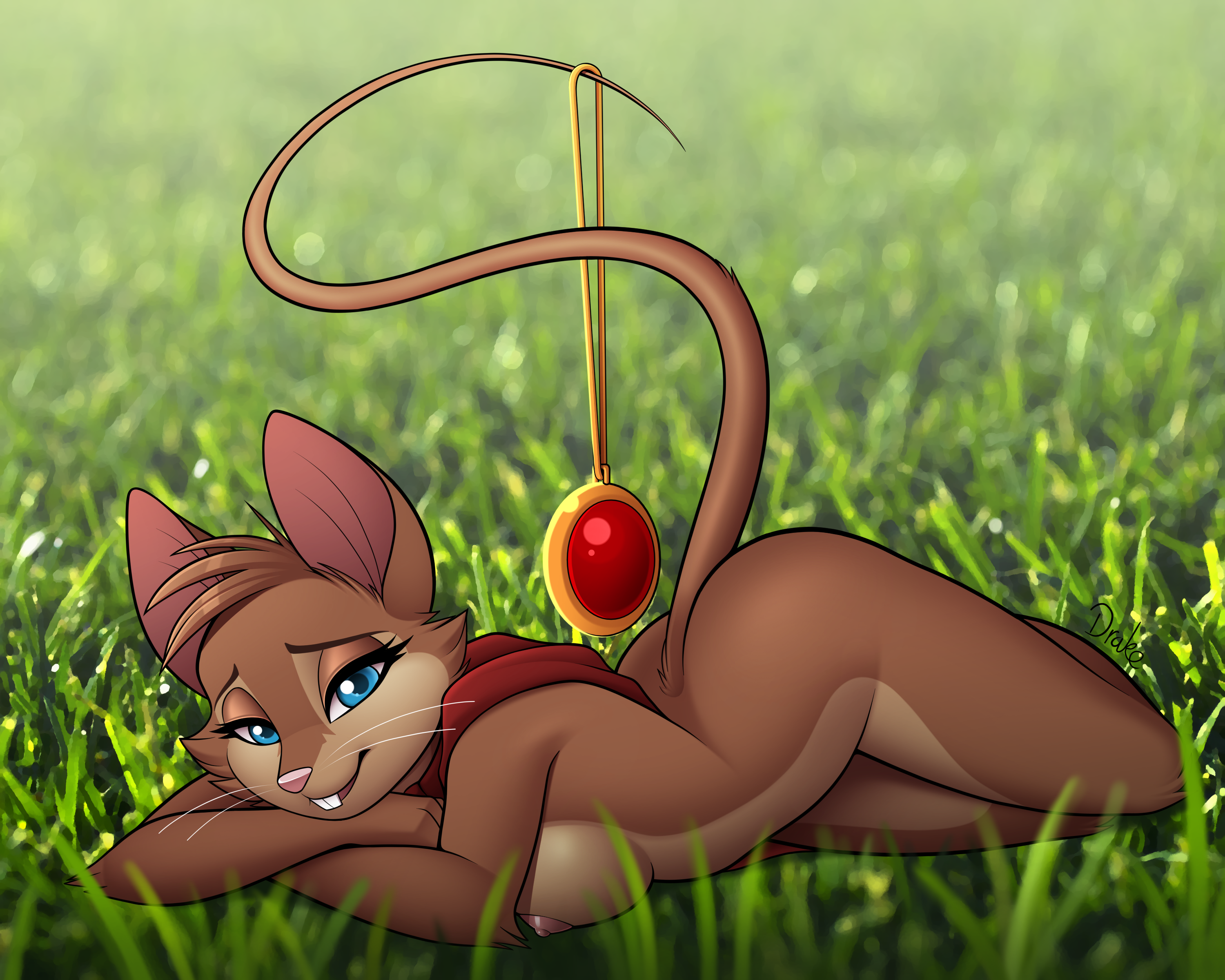 10s, 2019, 5:4, absurd res, amulet, anthro, areola, ass, blue eyes, breasts, brown fur, buckteeth, cape, clothing, digital media (artwork), don bluth, drako1997, eyelashes, female, female focus, female only, fur, grass, half-closed eyes, hi res, looking at viewer, lying, mammal, mature female, milf, mouse, mrs. brisby, murid, murine, naked cape, nipples, nude, on front, outdoors, pink nose, pose, rodent, secret of nimh, seductive, sideboob, solo, teeth, thick thighs, thighs, whiskers