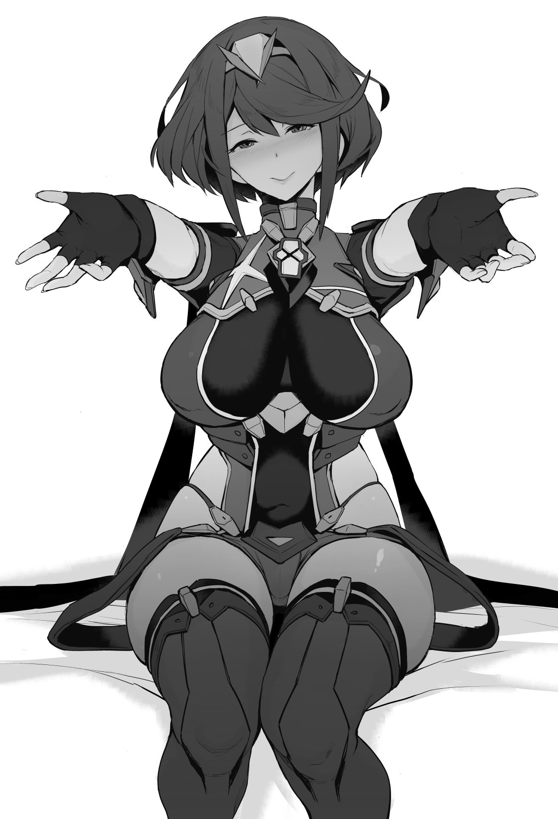 1girls, armor, bangs, blush, breasts, female, fingerless gloves, gloves, greyscale, hair ornament, knees together feet apart, large breasts, looking at viewer, outstretched arms, pyra, short hair, short shorts, shorts, sitting, skindentation, smile, swept bangs, thigh high boots, thighs, wide hips, xenoblade (series), xenoblade chronicles 2