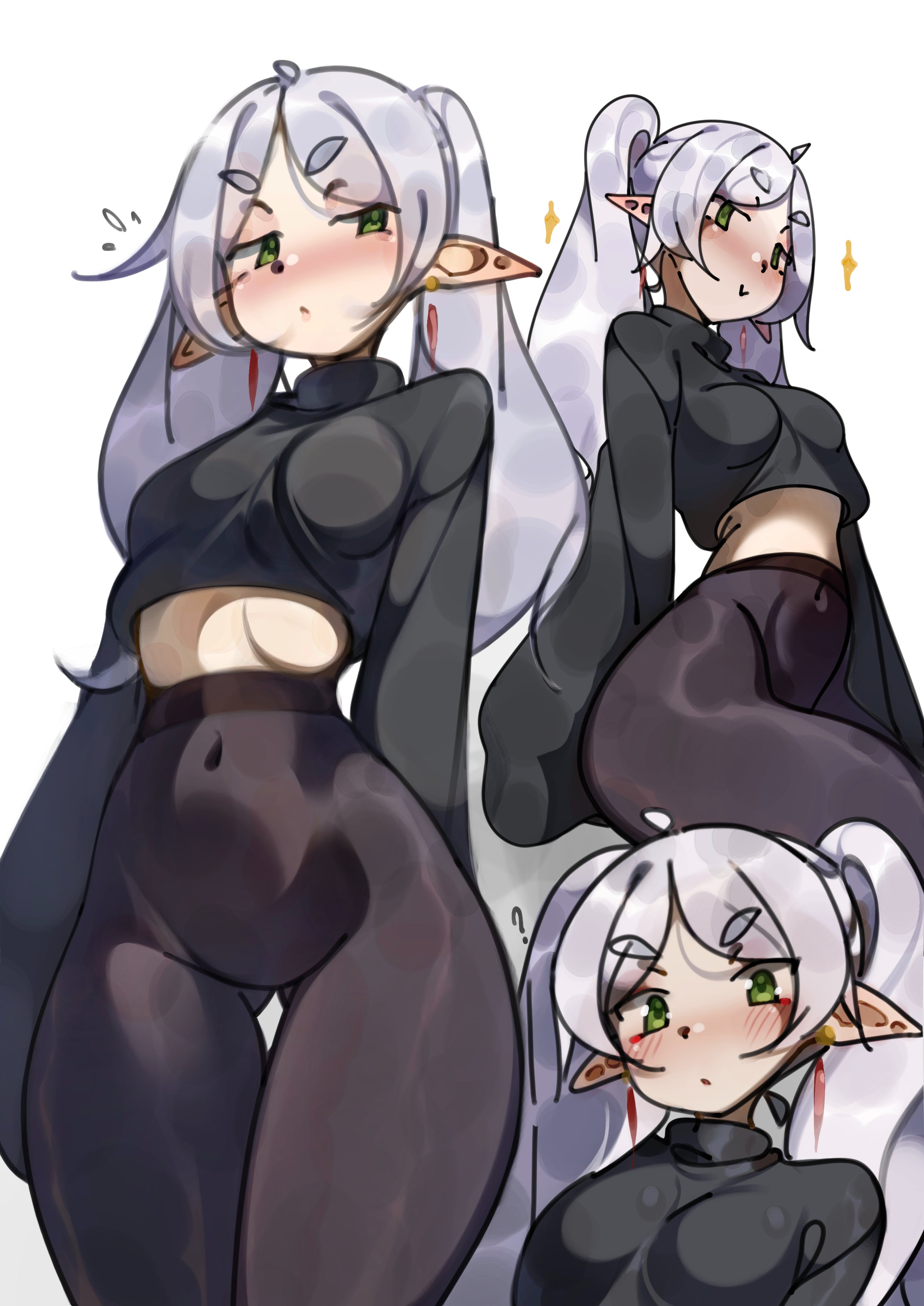 1girls, artist request, breasts, elf, elf ears, elf female, female, female focus, female only, frieren, light skin, light-skinned female, looking at viewer, midriff, solo, sousou no frieren, thick thighs, thighs, wide hips