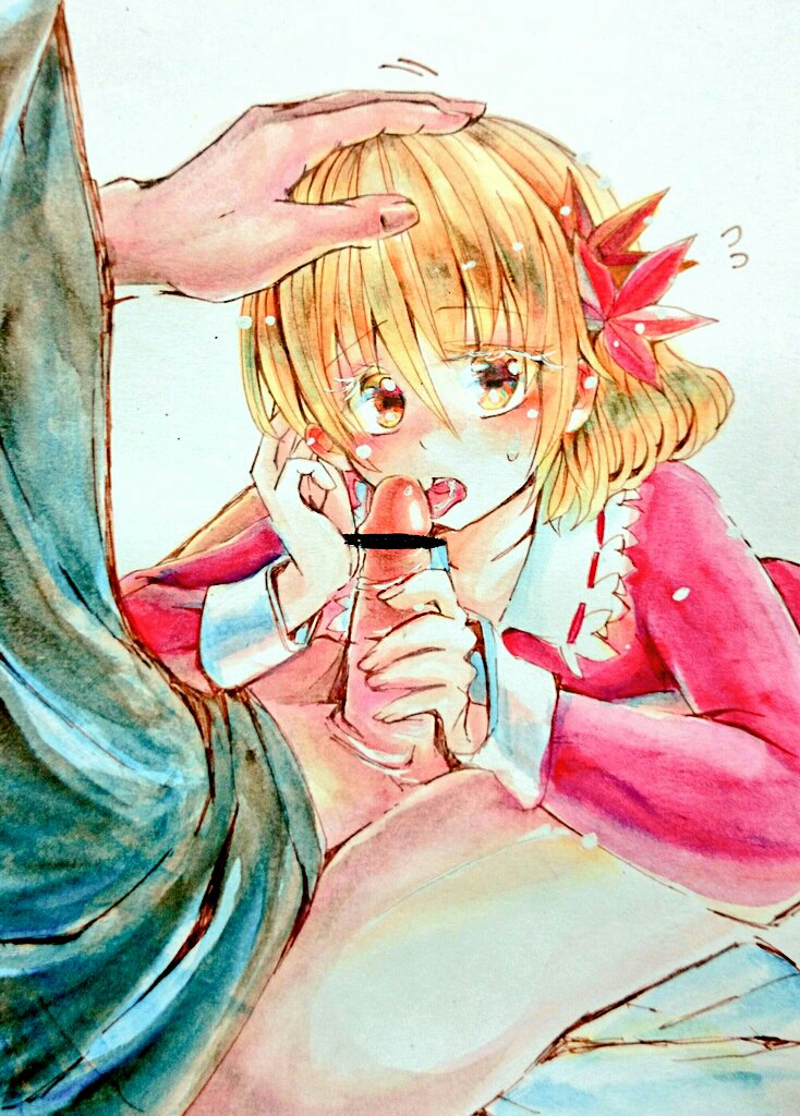 1boy adjusting_hair blonde_hair blush bottomless censored chaka3464 commentary_request ear_blush eyebrows_visible_through_hair fellatio female flying_sweatdrops hair_ornament hand_on_another's_head leaf_hair_ornament licking licking_penis long_sleeves oral penis petting red_shirt shirt shizuha_aki short_hair straight touhou traditional_media yellow_eyes