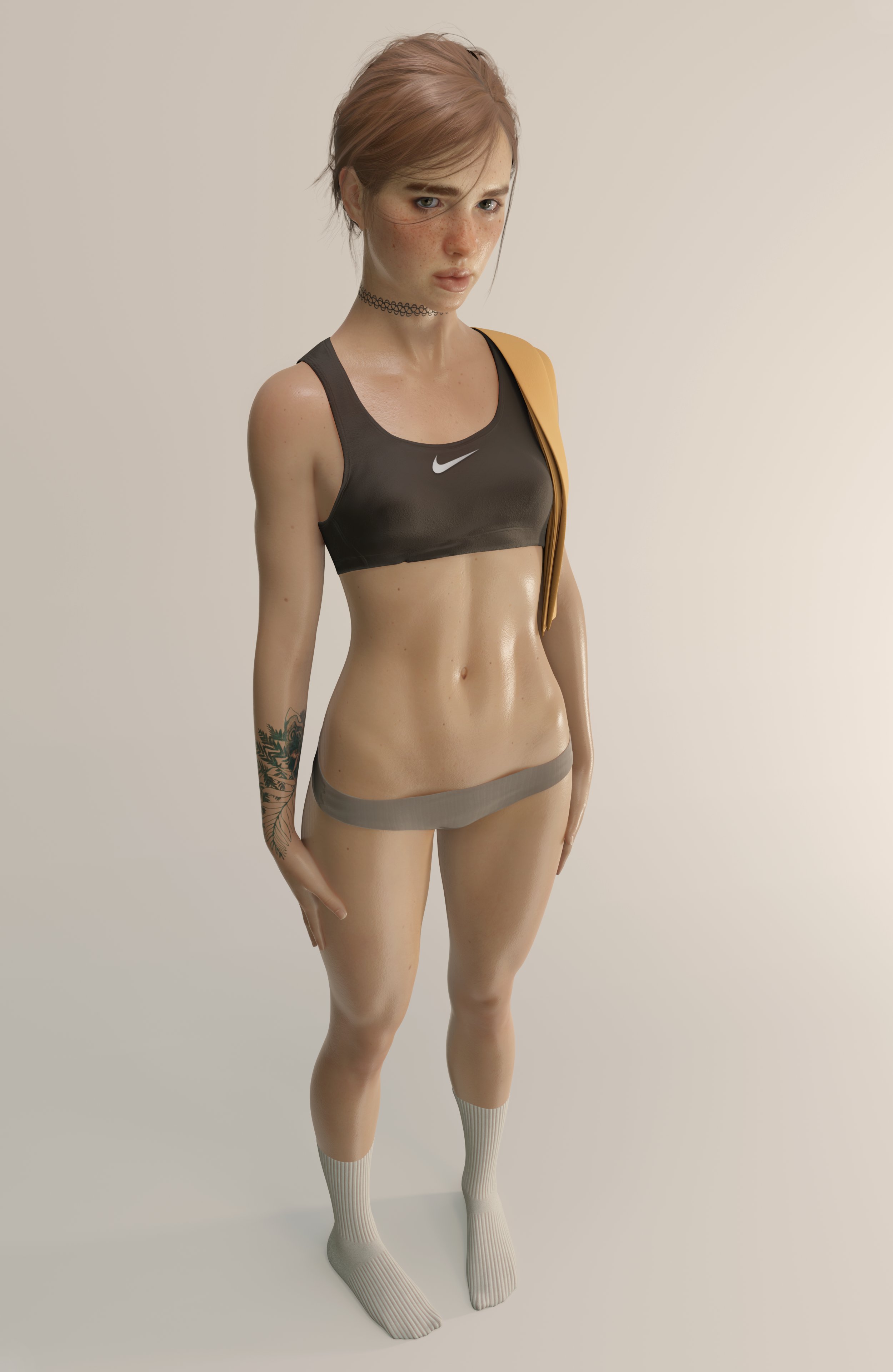 1girls, 3d, abs, athletic, athletic female, brown eyes, brown hair, choker, clothed, clothed female, covered in sweat, ellie (the last of us), ellie williams, emberstock, eyebrow slit, female, female only, fit, fit female, freckles, freckles on face, hair bun, hip bones, lace choker, light skin, light-skinned female, medium hair, micro shorts, mound of venus, muscular thighs, nike, panties, pinup, shiny skin, simple background, skimpy clothes, skinny, small breasts, socks, solid color background, solo, solo female, sports bra, standing, sweaty, sweaty body, tattoo, tattooed arm, the last of us, the last of us 2, toned, toned female, toned legs, toned stomach, towel on shoulder, white background, workout clothes, workout clothing