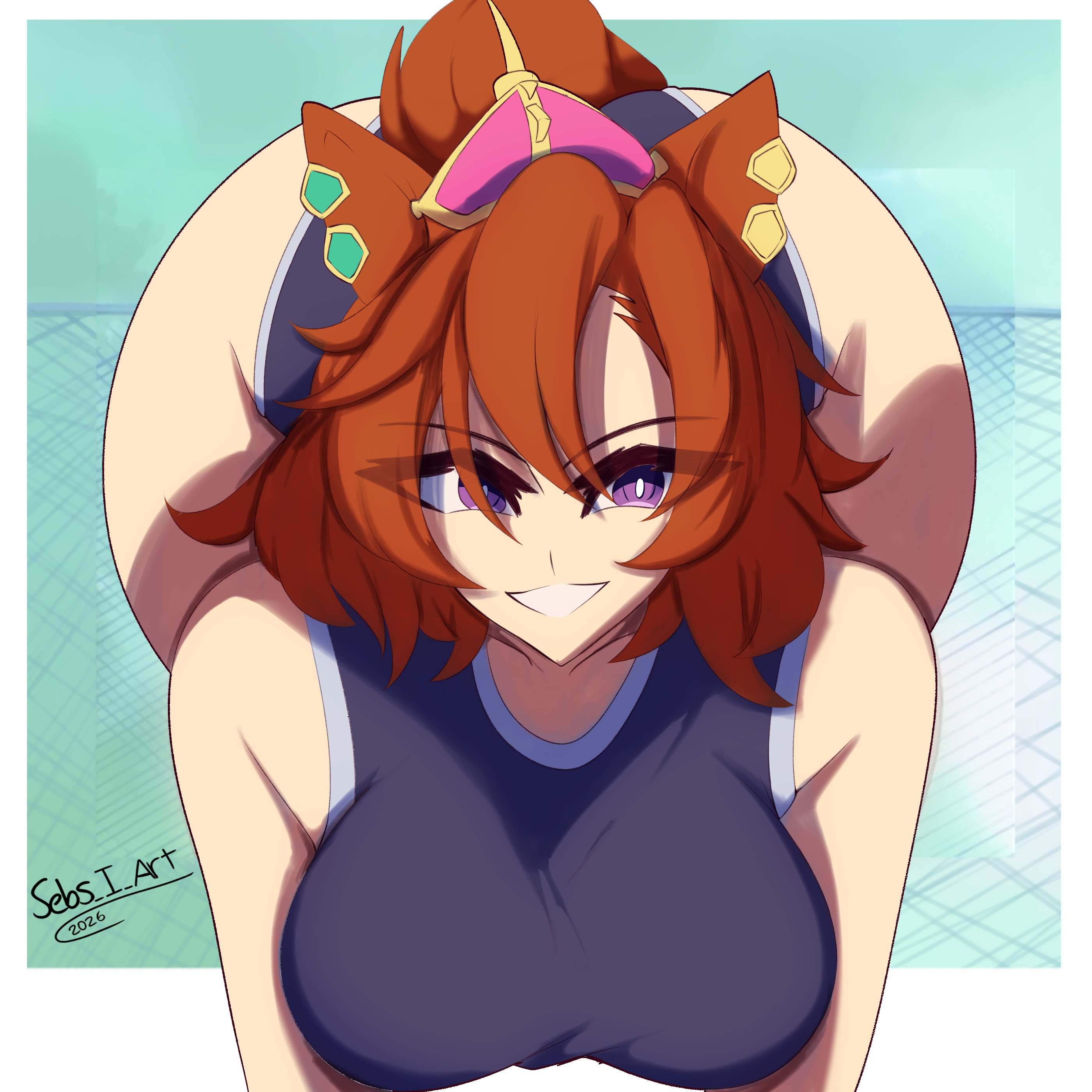 1girls, animal ears, ass, bent over, big ass, big breasts, bottom heavy, breasts, bubble butt, busty, clothing, crown, fat ass, female, female only, front facing with ass, horse girl, huge ass, large ass, large breasts, looking at viewer, massive ass, meme, one-piece swimsuit, orange hair, orange tail, please look forward to it, sebs i art, smile, solo, swimsuit, t.m. opera o (umamusume), tail, thick ass, thick thighs, thunder thighs, umamusume, wide hips