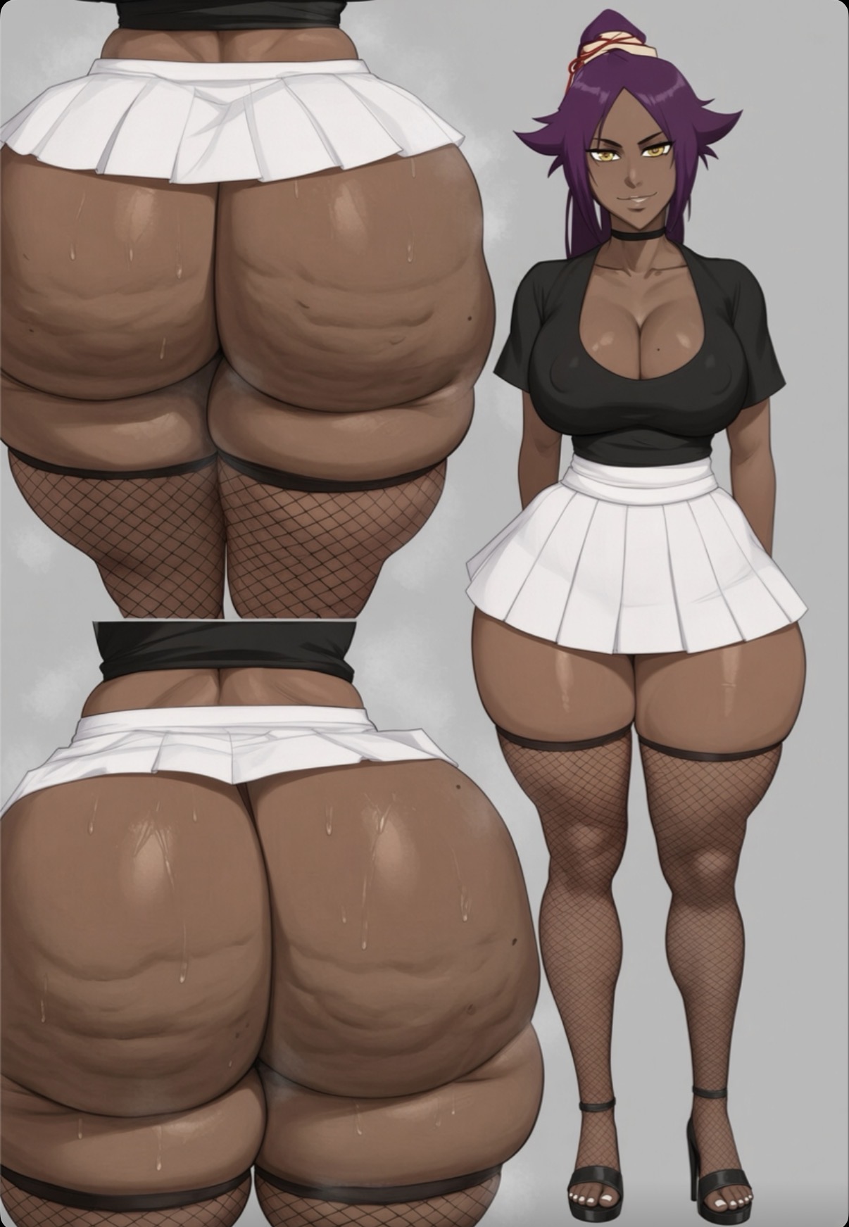 1girl, 1girls, ai generated, areolae, ass, ass bigger than head, ass cheeks, ass focus, big ass, big breasts, big butt, black shirt, bleach, bleach: the thousand-year blood war, boobs, booty, bottom heavy, breasts, breedable, breedable hips, bubble ass, bubble butt, cellulite, child bearing hips, cleavage, curvaceous, curvy, curvy figure, dark-skinned female, ebony, ebony female, fat ass, female, female only, fishnets, heels, hips, miniskirt, musk, musk clouds, oiled, oiled skin, pawg build, perfect ass, phat ass, purple hair, sexy, sexy ass, sexy body, sexy female, shihouin yoruichi, shirt, skirt, slim waist, small waist, sweat, taiga20, thicc, thicc ass, thicc thighs, thick, thick ass, thick thighs, voluptuous, voluptuous female, wet, white toenails, wide ass, yellow eyes, yoruichi shihouin