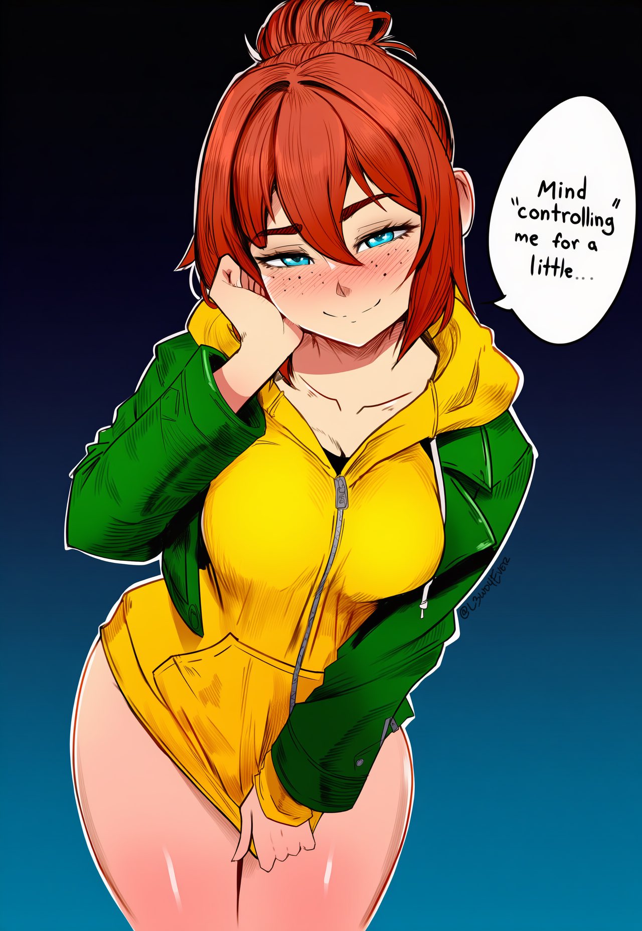 1girls, ai generated, big breasts, blue eyes, blush, bottomless, bottomless female, breasts, closed mouth, clothed, clothed female, clothing, coat, color, dialogue, english text, female, female focus, female only, freckles, green coat, hood, hoodie, human, human only, jean grey, l3wd4ever, light skin, looking at viewer, marvel, marvel cinematic universe, mutant (marvel), open eyes, red hair, sadie sink, sexy, sexy female, sexy pose, smile, source, spider-man (series), spider-man: brand new day, standing, tagme, talking to viewer, text, text bubble, thick thighs, thighs, twitter link, without pants, x-men, yellow hoodie