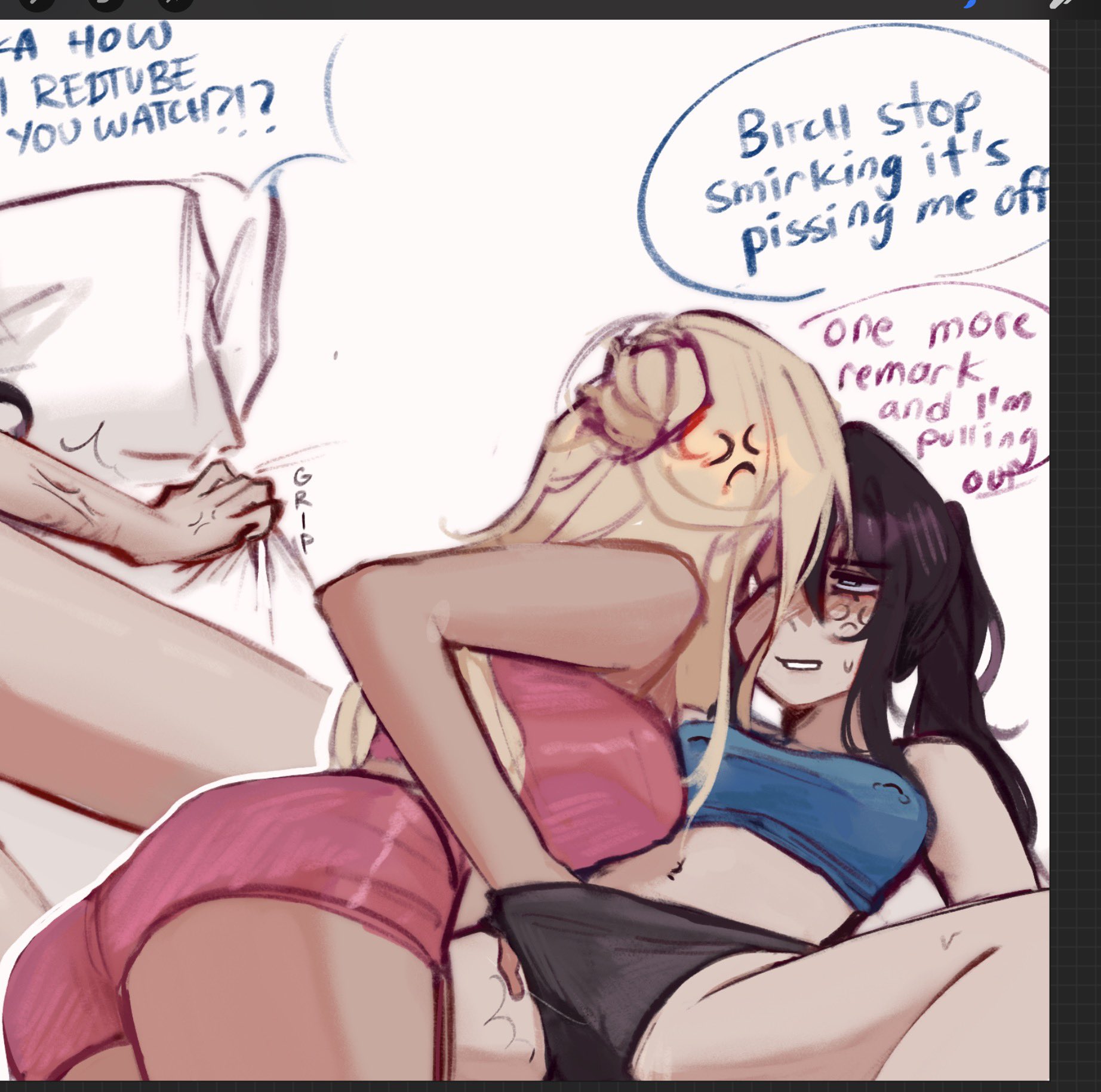 2girls, anger vein, angry, angry face, black hair, black panties, blonde hair, blushing, class of '09, fingering, hand in another's panties, hand in panties, jecka (class of '09), lesbian, lesbian sex, masturbating other, masturbation, multiple girls, navel, nicole (class of '09), panties, spread legs, underwear, yuri