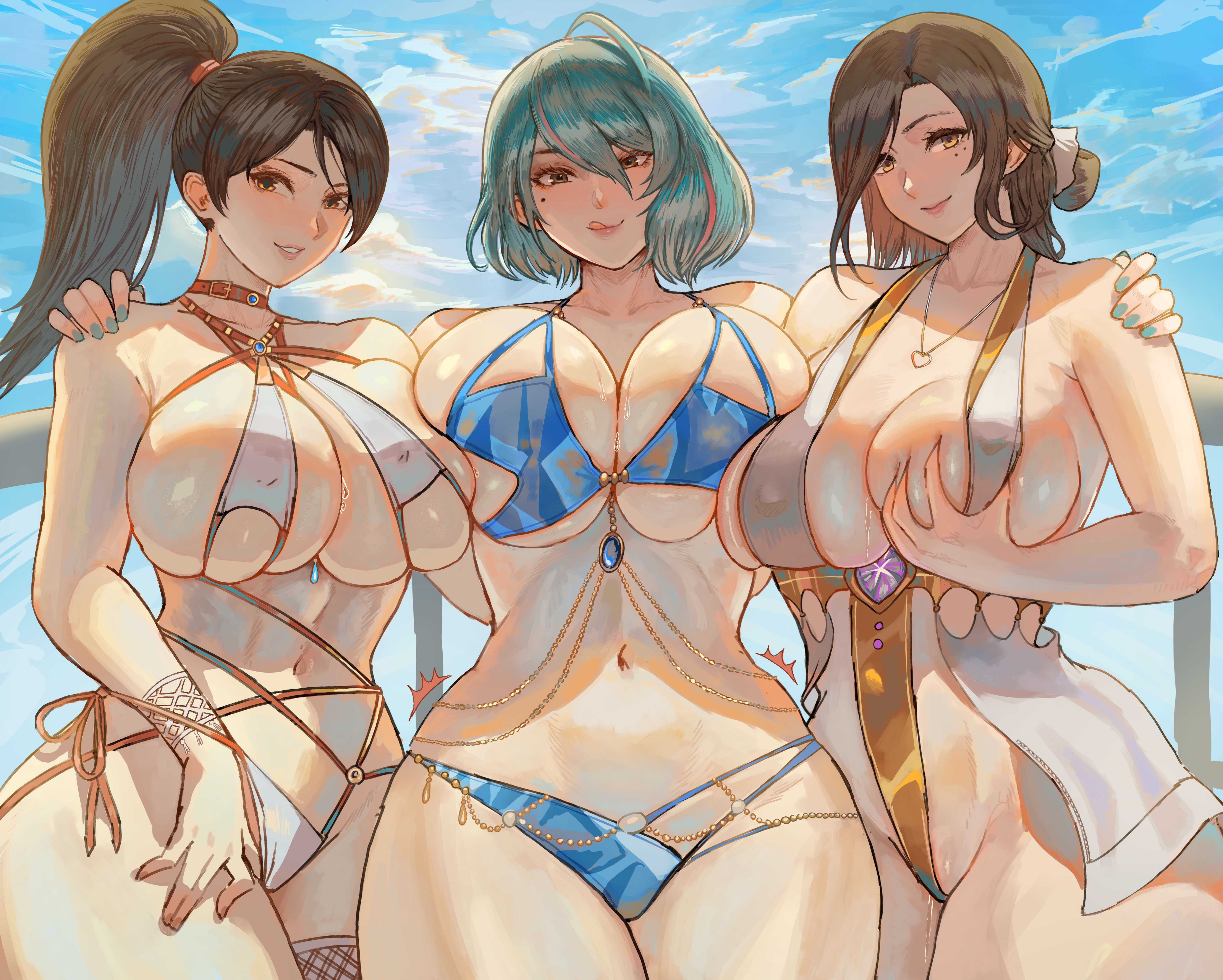 3girls, absurdres, alternate breast size (larger), alternate costume, asymmetrical docking, big breasts, bikini, black hair, blue bikini, blue gem, blue nails, blue sky, breast press, breasts, brown hair, collarbone, commentary, cowboy shot, crossover, day, dead or alive, dead or alive xtreme, dead or alive xtreme venus vacation, deep skin, english commentary, gem, grabbing own breast, green hair, hair between eyes, hands on another's shoulders, high ponytail, highres, huge breasts, legs together, looking at viewer, mole, mole under eye, momiji (ninja gaiden), multicolored hair, multiple girls, nail polish, navel, ninja gaiden, outdoors, ponytail, red streaks, sayuri (dead or alive), skindentation, sky, streaked hair, swimsuit, tamaki (doa), trait connection, voidmakerz, white bikini