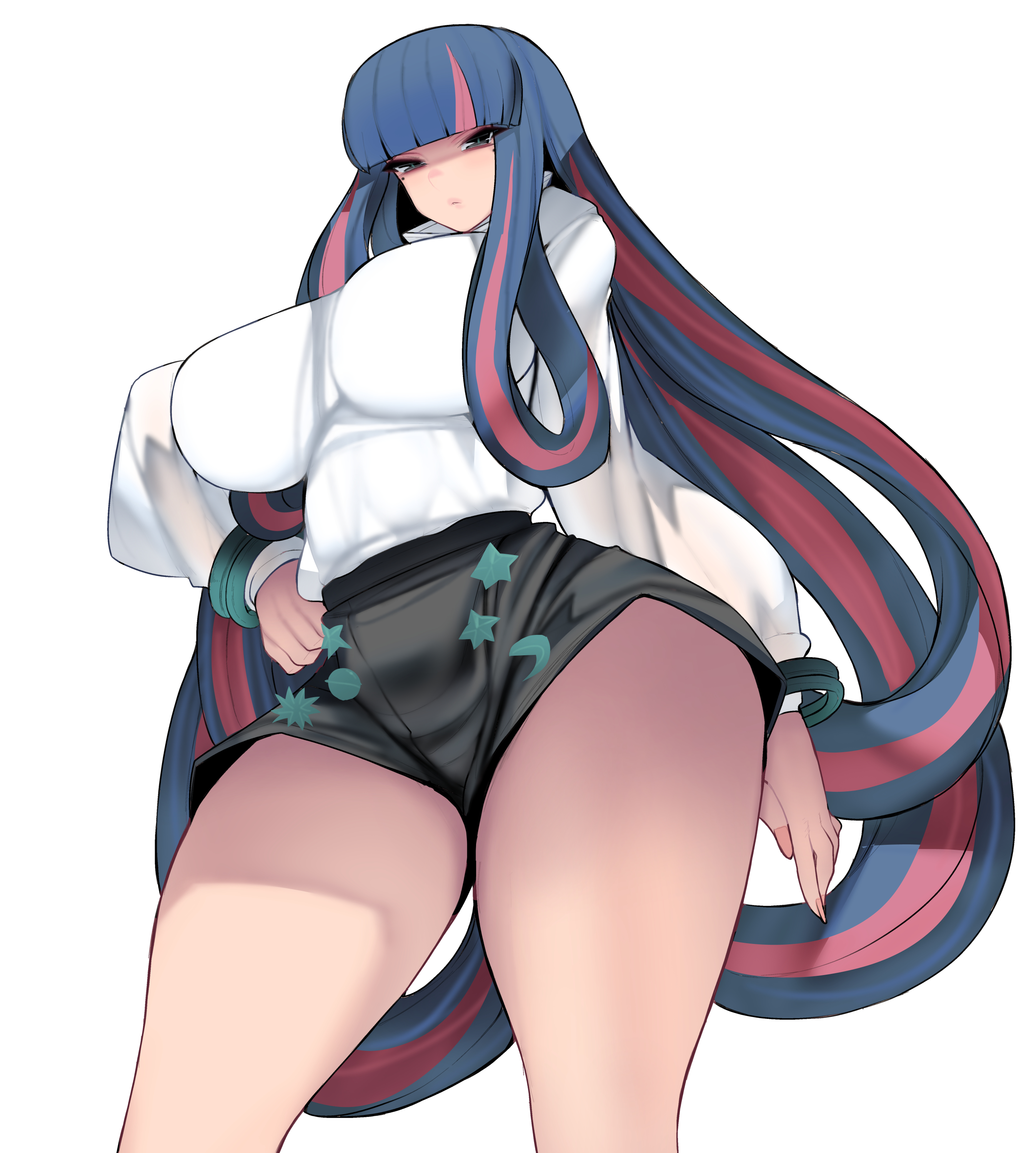 1girls, absurd res, absurd resolution, absurdres, ada (boruto), bangs, bare legs, bare thighs, beauty mark, big breasts, black shorts, blue eyes, blue hair, booty shorts, boruto: naruto next generations, bracelets, busty, canon costume, canonical outfit, child bearing hips, clothed, clothing, curvaceous, curvaceous female, curvaceous figure, curves, curvy, curvy body, curvy female, curvy figure, curvy hips, eida (boruto), eyeshadow, female, female focus, female only, fully clothed, hand on hip, hi res, high resolution, highres, hips, hips wider than shoulders, hourglass figure, jewelry, kouno (masao), large breasts, light skin, light-skinned female, lips, lipstick, long fingernails, long hair, long nails, looking at viewer, looking down, ma sa o, makeup, minishorts, nail polish, narrowed eyes, naruto, naruto (series), painted nails, pale skin, pale-skinned female, parted lips, perky breasts, pink eyeshadow, pink highlights, pink lips, pink lipstick, pink nail polish, pink nails, shonen jump, short shorts, shorts, shounen jump, shueisha, solo, solo female, solo focus, sweater, teen, teen girl, teenage female, teenage girl, teenager, thick legs, thick thighs, thighs, thunder thighs, tight clothing, tight shirt, venus body, very high resolution, very long hair, voluptuous, voluptuous body, voluptuous female, wavy hair, weekly shonen jump, weekly shonen magazine, weekly shounen jump, white background, white sweater, wide hips, wide thighs