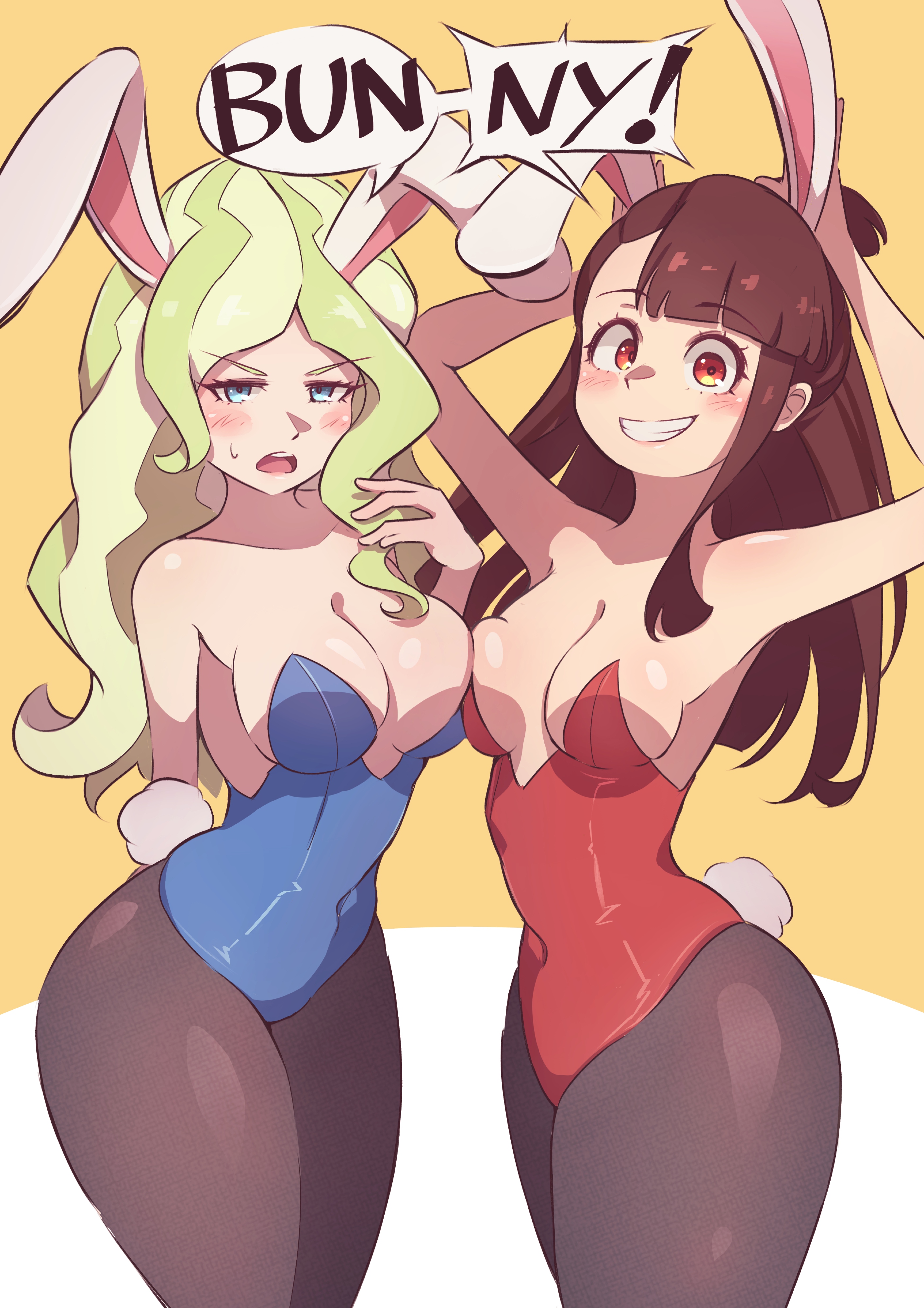 2girls, absurdres, alt text, alternate breast size (larger), animal ears, arm behind back, arms up, asymmetrical bangs, asymmetrical docking, atsuko kagari, black pantyhose, blonde hair, blue eyes, blue leotard, blush, breast press, breasts, brown eyes, brown hair, cleavage, commentary, covered navel, diana cavendish, english commentary, english text, green hair, hand up, highres, large breasts, leotard, little witch academia, long hair, looking at viewer, madabauillust, medium breasts, multicolored hair, multiple girls, open mouth, orange background, pantyhose, parted lips, rabbit ears, rabbit pose, rabbit tail, red leotard, smile, speech bubble, strapless, strapless leotard, studio trigger, sweatdrop, tail, teeth, thick thighs, thighs, two-tone background, wavy hair, white background