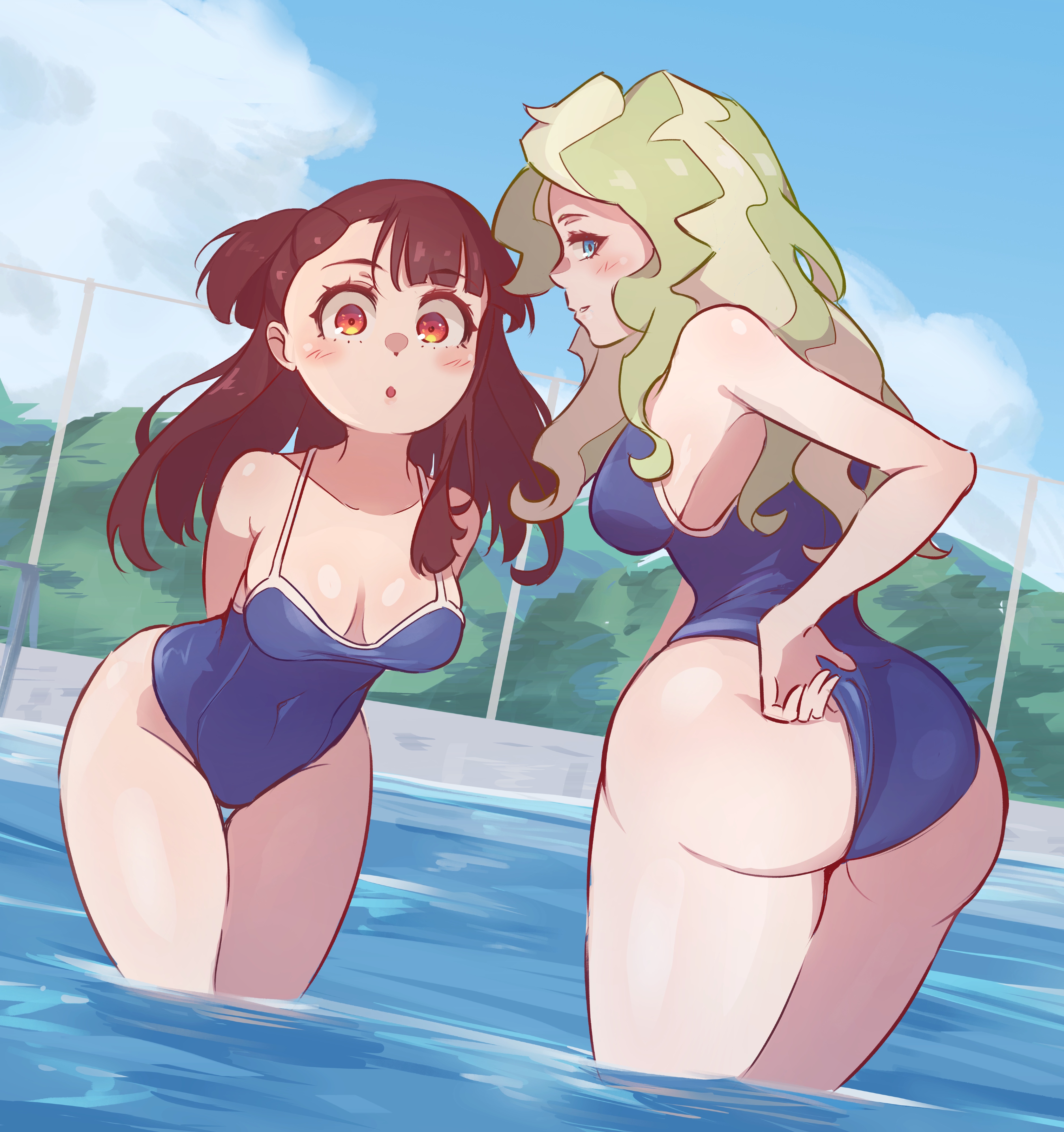 2girls, absurdres, adjusting clothes, adjusting swimsuit, arched back, arms behind back, ass, asymmetrical bangs, atsuko kagari, blonde hair, blue eyes, blue one-piece swimsuit, blush, breasts, brown hair, cleavage, cloud, commentary, covered navel, day, diana cavendish, dutch angle, english commentary, fence, highres, little witch academia, long hair, looking at viewer, madabauillust, medium breasts, mountainous horizon, multicolored hair, multiple girls, one-piece swimsuit, outdoors, pool, profile, red eyes, school swimsuit, sideways glance, sky, standing, straight-on, swimsuit, thigh gap, thighs, two-tone hair, wading, water