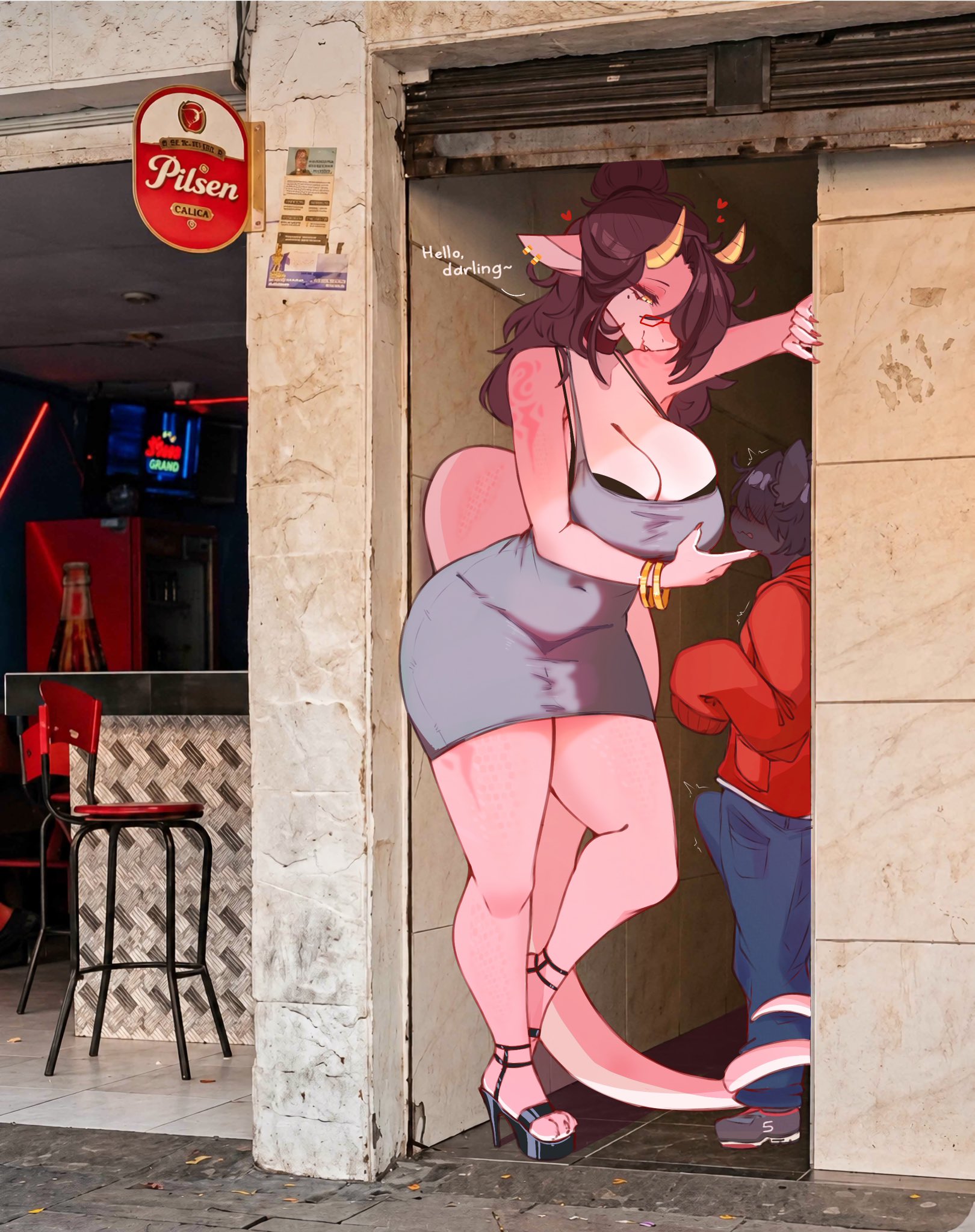 <3, 1boy, 1girls, 2026, a chance encounter, alleyway milf (meme), amber eyes, anthro, big breasts, biped, blush, bottomwear, bra, bra peek, bracelet, breasts, bulge, chair, choker, cleavage, clothed, clothing, dark hair, detailed bulge, dialogue, domestic cat, dragon, dress, duo, ear piercing, ear ring, ears down, english text, erection, erection under clothing, eyelashes, eyewear, felid, feline, felis, female, female anthro, finger under chin, fingernails, footwear, furniture, genital outline, glasses, gold (metal), gold bracelet, gold ear ring, gold jewelry, hair, hair bun, hair over eye, hair over eyes, heart symbol, height difference, hi res, high heels, jewelry, juppi, larger female, lips, long hair, male, male anthro, mammal, markings, mature female, mayuri (juppi), meme, mole (marking), mythological creature, mythological scalie, mythology, nails, narrowed eyes, necklace, non-mammal breasts, non-mammal hair, pants, penis outline, piercing, pink body, pivoted ears, ring piercing, scalie, seductive, shoes, size difference, small waist, smaller male, smile, stiletto heels, sweater, tail, tail around leg, text, topwear, underwear