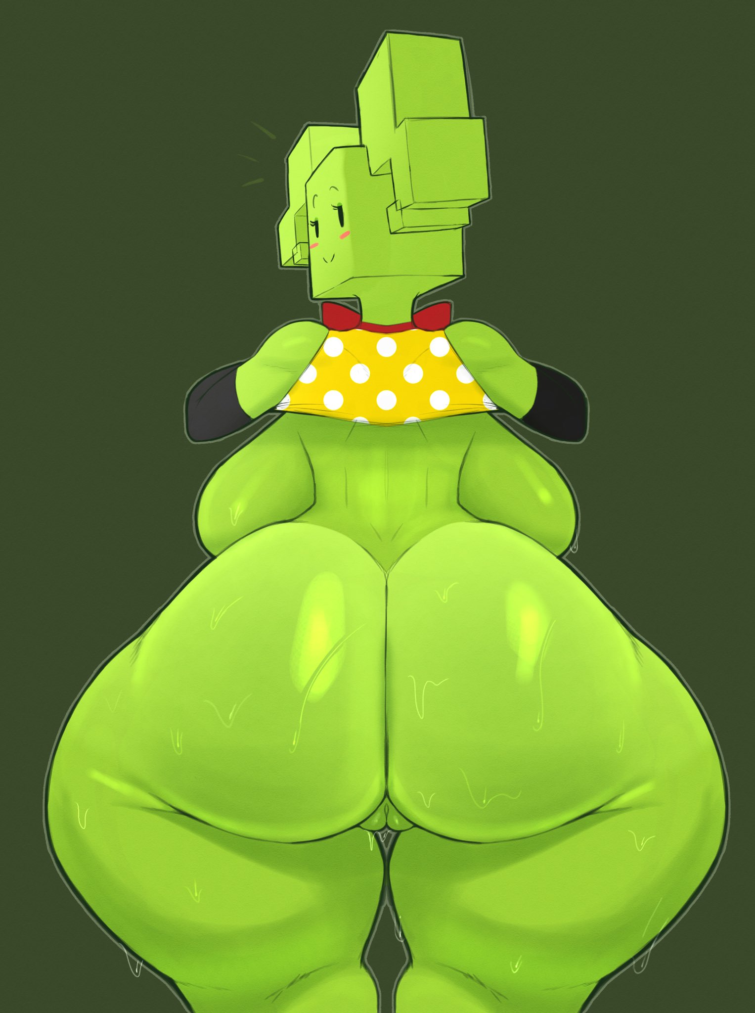 1girls, anthro, anthro only, arm sleeves, armwear, ass, backboob, big ass, big boobs, big breasts, bimbo, blush, blushing, boobs, bowtie, breasts, breasts visible from back, bubble butt, elbow gloves, fat ass, green body, green hair, green skin, huge ass, huge boobs, huge breasts, hyper, hyper ass, hyper butt, looking at viewer, looking back, mario (series), megamor, mimi (super paper mario), paper mario, pussy, simple background, sweat, sweatdrop, sweating, thick thighs, thighs, twintails, wide hips