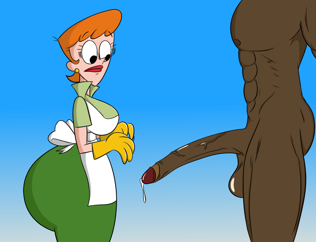 ass, big penis, dark skin, dark-skinned male, dexter's laboratory, dexter's mom, female, gloves, huge ass, hyper penis, interracial, jarsman (artist), latex, latex gloves, male, massive ass, partial male, penis, penis awe, shocked, surprise, yellow gloves