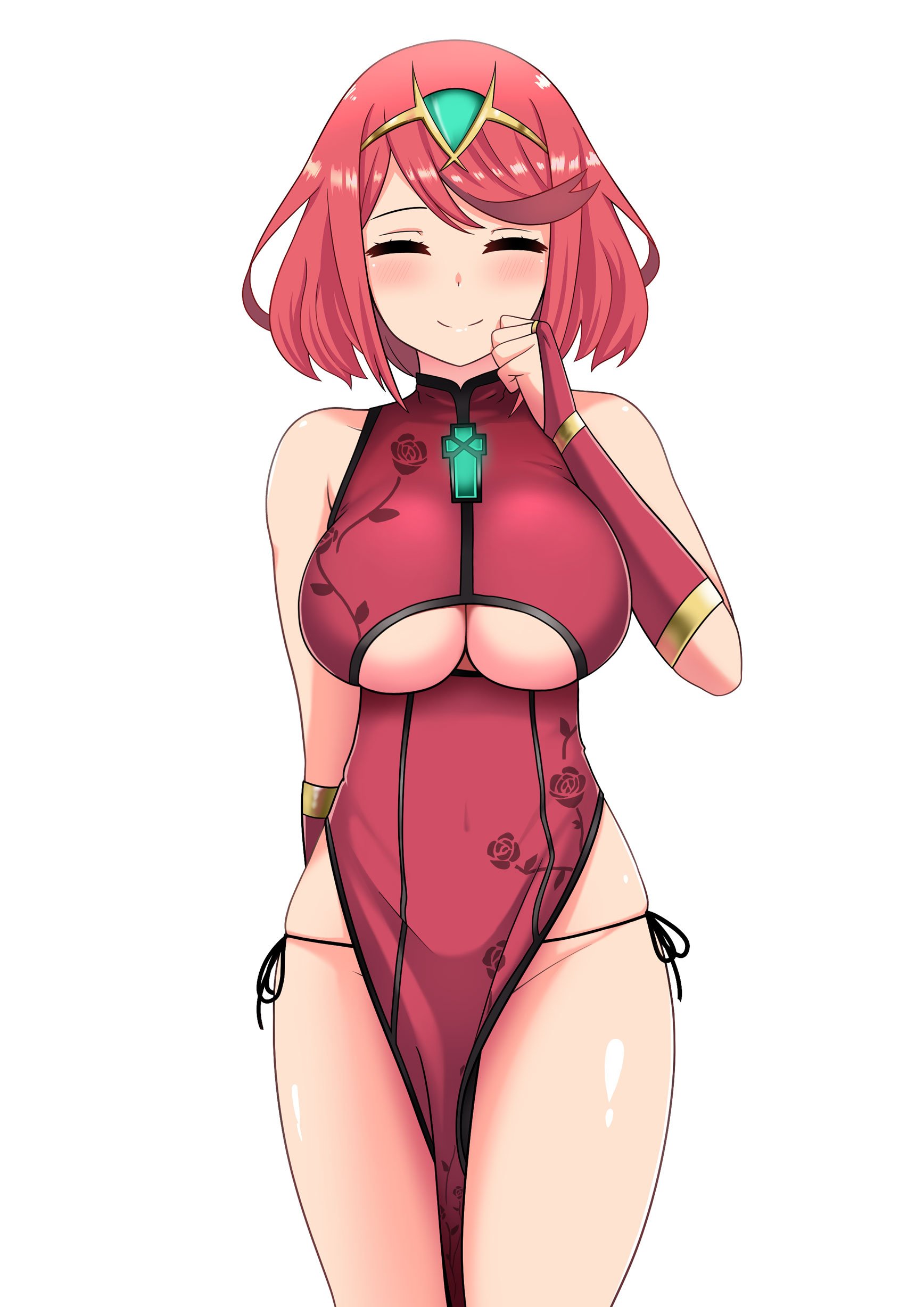 1girls, absurdres, alternate costume, bangs, bare shoulders, blush, breasts, china dress, chinese clothes, cleavage, closed eyes, covered navel, dress, elbow gloves, female, female focus, fingerless gloves, gem, gloves, hair ornament, headpiece, highres, jewelry, large breasts, legs, nintendo, panties, pose, pyra, red hair, short hair, simple background, smile, solo, swept bangs, the only shoe, thighs, tiara, underboob, underwear, white background, xenoblade (series), xenoblade chronicles 2