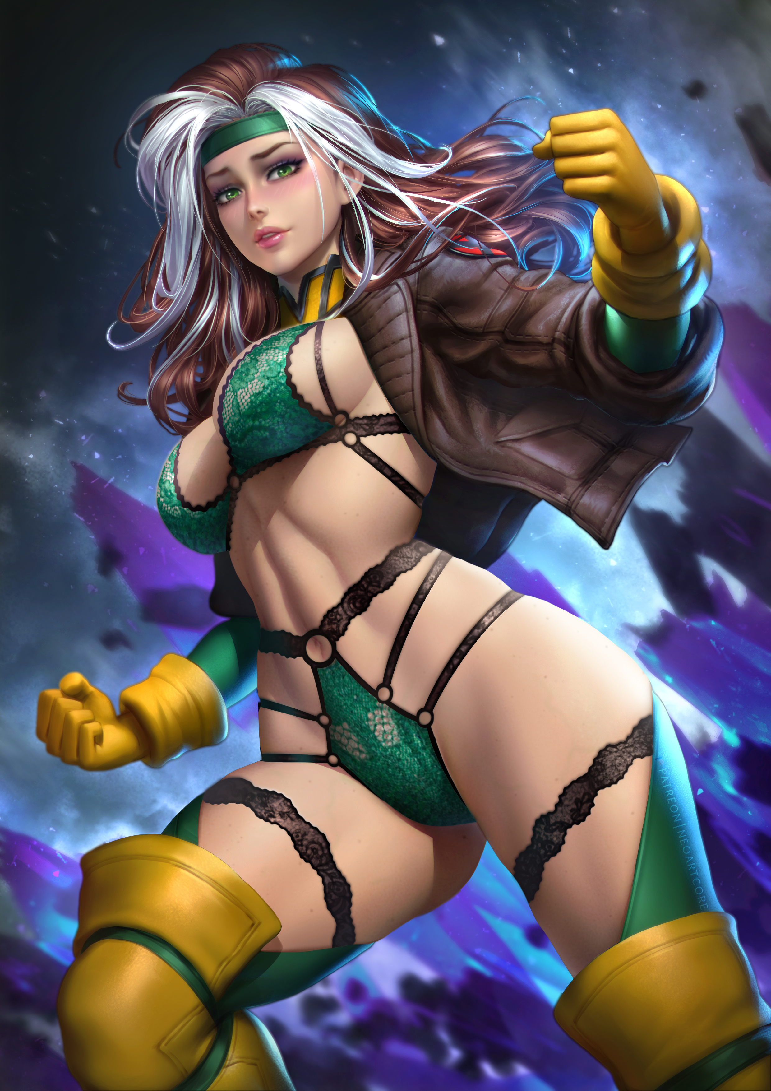 1girls, absurd res, anna marie, bra, breasts, brown hair, female, female focus, female only, gloves, green bra, green eyes, green panties, headband, highres, human, large breasts, lingerie, looking at viewer, marvel, marvel comics, multicolored hair, navel, neoartcore, paid reward, panties, patreon reward, rogue (x-men), sideboob, solo, thick thighs, thighs, two-tone hair, underwear, white hair, x-men, yellow gloves