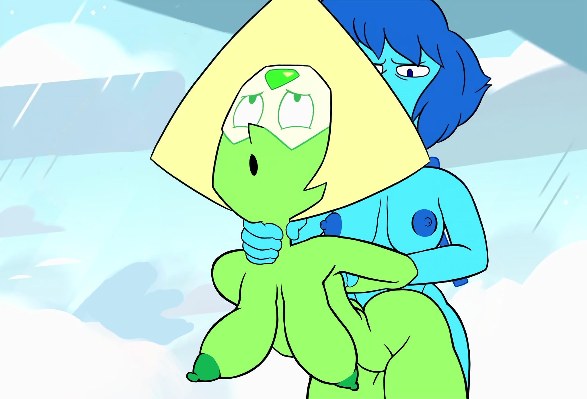 1futa, 1girls, accurate art style, anthro, banana breasts, blue nipples, blue skin, bouncing breasts, breasts, edit, erection, female, female penetrated, femsub, futa on female, futa penetrating, futa sans pussy, futadom, futanari, green nipples, green skin, hand around neck, hanging breasts, intersex, lapis lazuli (steven universe), long breasts, moaning, monkeyman (artist), nude, peridot (steven universe), sagging breasts, screenshot, screenshot edit, steven universe, swinging breasts, unaligned breasts