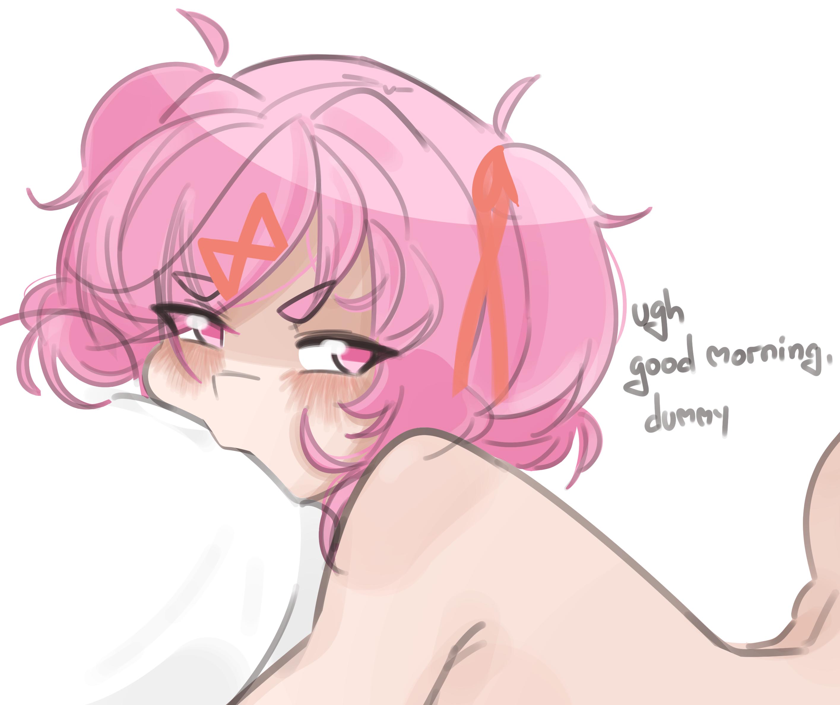 1girl, arched back, blush, doki doki literature club, emiillb, english text, explicit, highres, implied sex, looking to the side, natsuki (doki doki literature club), nsfw, nude, pillow, pink eyes, pink hair, solo, tsundere, upper body