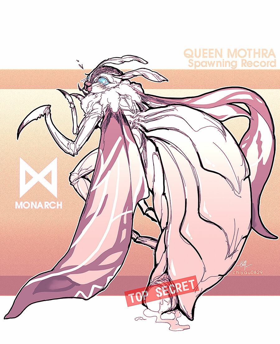 anthro arthropod blush chiyau egg egg_laying female godzilla_(series) godzilla_king_of_the_monsters heart insects lepidopteran looking_at_viewer monsterverse moth mothra ovipositor signature solo wings