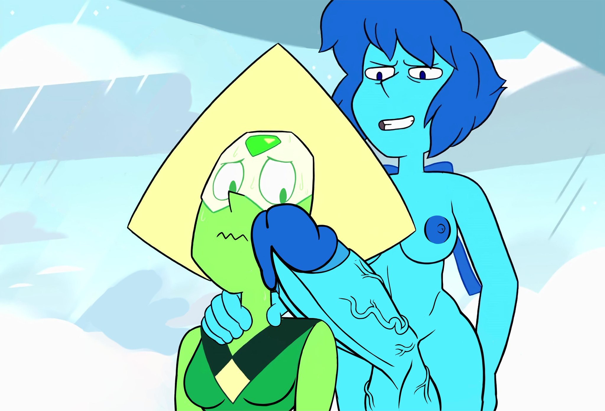 1futa, 1girls, accurate art style, anthro, areolae, balls, breasts, curvy, edit, erect nipples, erect penis, erection, female, femsub, foreskin, futa sans pussy, futa with female, futadom, futanari, huge breasts, hyper, hyper penis, imminent sex, intersex, lapis lazuli (steven universe), looking at penis, monkeyman (artist), nervous, nipples, nude, penis, peridot (steven universe), retracted foreskin, screenshot, screenshot edit, steven universe, uncircumcised, uncut, wavy mouth
