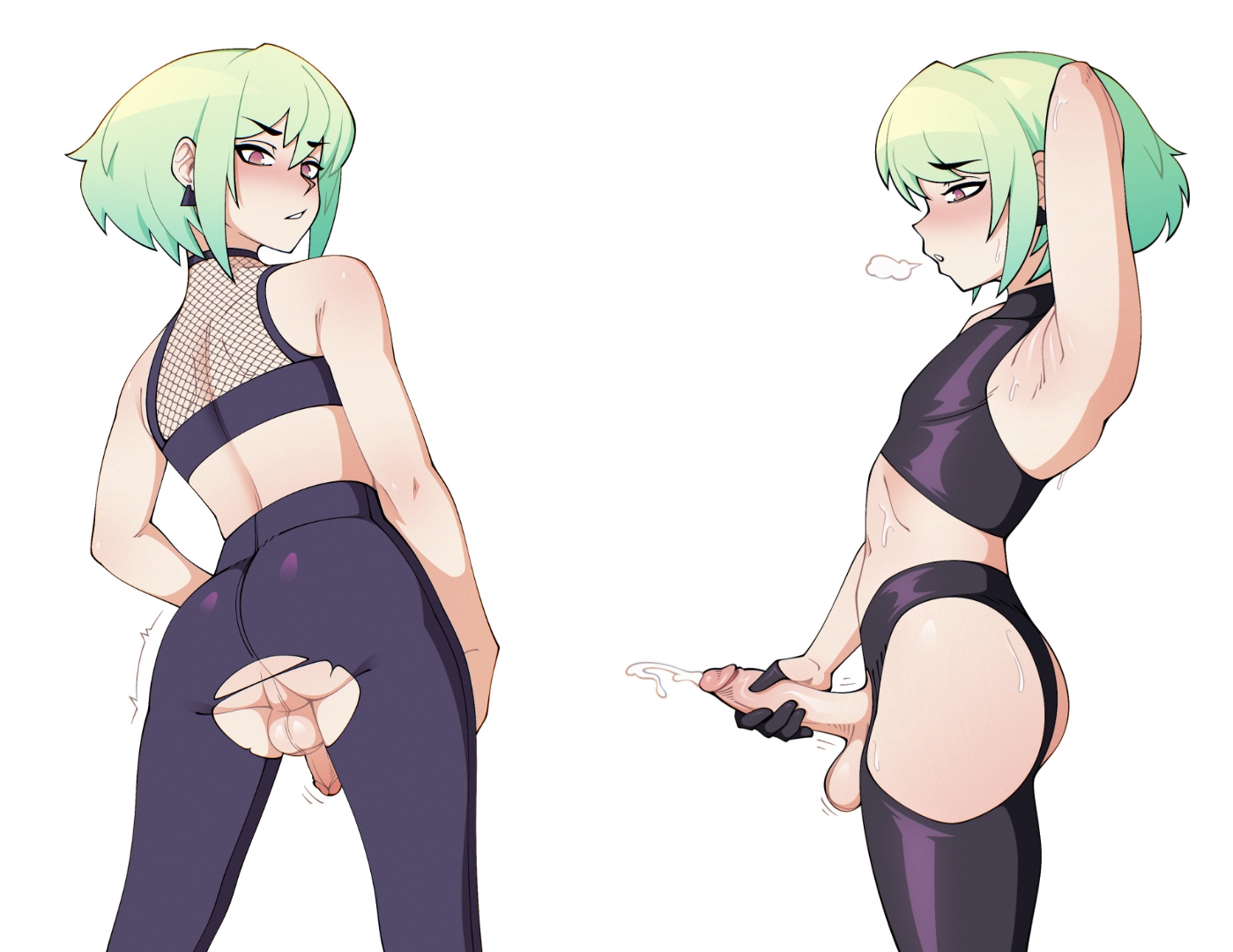 , 1boy, androgynous, ass, ass focus, back view, blush, blushing, blushing at viewer, bob cut, bro aniki, bulge, bulge through clothing, cum, cumming, embarrassed, femboy, femboy only, feminine male, lio fotia, looking at viewer, masturbating, masturbation, multiple views, petite, petite body, petite male, pov, promare, rear view, short hair, slim, slim male, slim waist, solo, tight clothing, tight pants, torn clothes, torn pants, twink