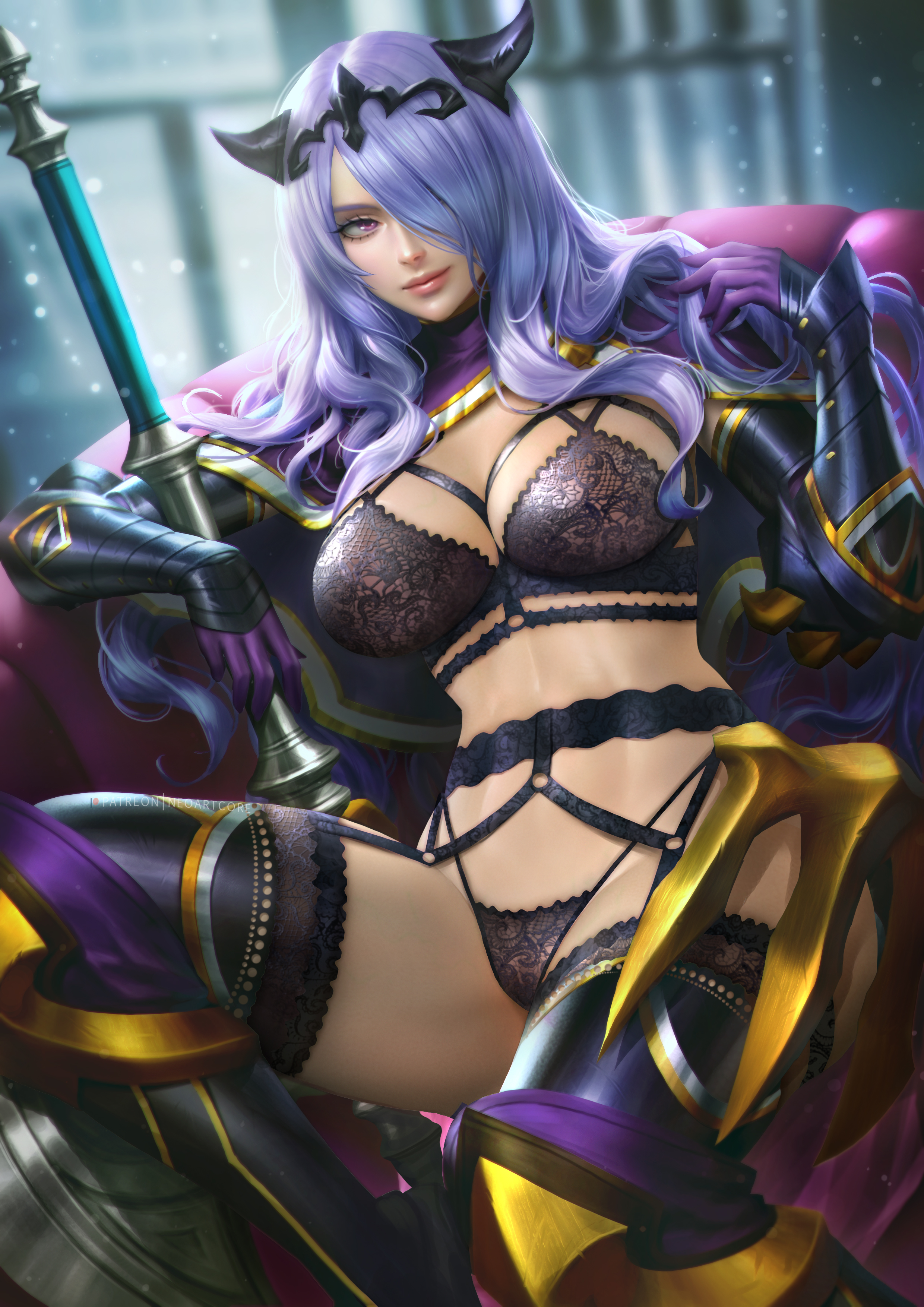 1girls, absurd res, bra, breasts, camilla (fire emblem), elbow gloves, female, female focus, female only, fire emblem, fire emblem fates, gloves, hair over one eye, highres, horn, human, large breasts, legwear, lingerie, long hair, neoartcore, nintendo, paid reward, panties, patreon reward, purple eyes, purple hair, solo, thick thighs, thighhighs, thighs, underwear