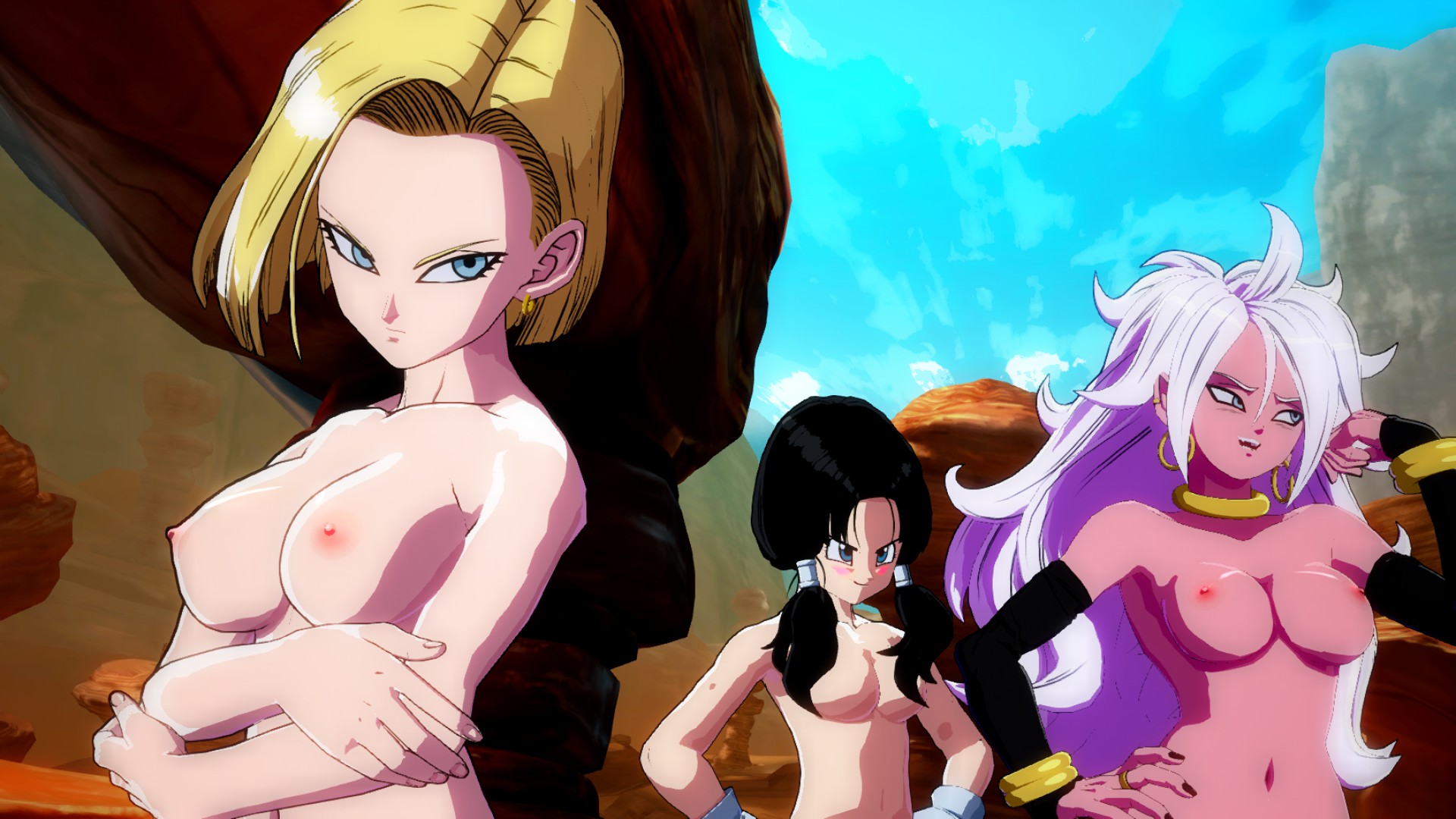 2010s, 3d, 3girls, android 18, android 21, blonde hair, blue eyes, breasts, curly hair, dragon ball, dragon ball fighterz, dragon ball z, edit, female, hoop earrings, human, humanoid, light persona, light skin, light-skinned female, long hair, majin, majin android 21, mod, nude mod, pale skin, pale-skinned female, pink skin, pointy ears, screencap, short hair, tail, topless, twintails, very long hair, videl, white hair