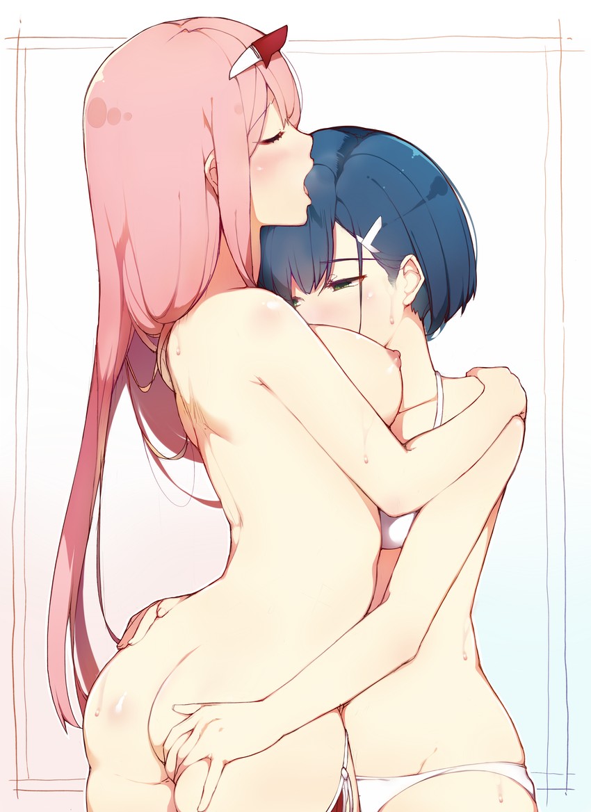 2girls ass ass_grab breast_press breast_sucking breasts darling_in_the_franxx deru06 horns ichigo_(darling_in_the_franxx) lingerie looking_pleasured multiple_girls nipples nude sweat yuri zero_two_(darling_in_the_franxx)