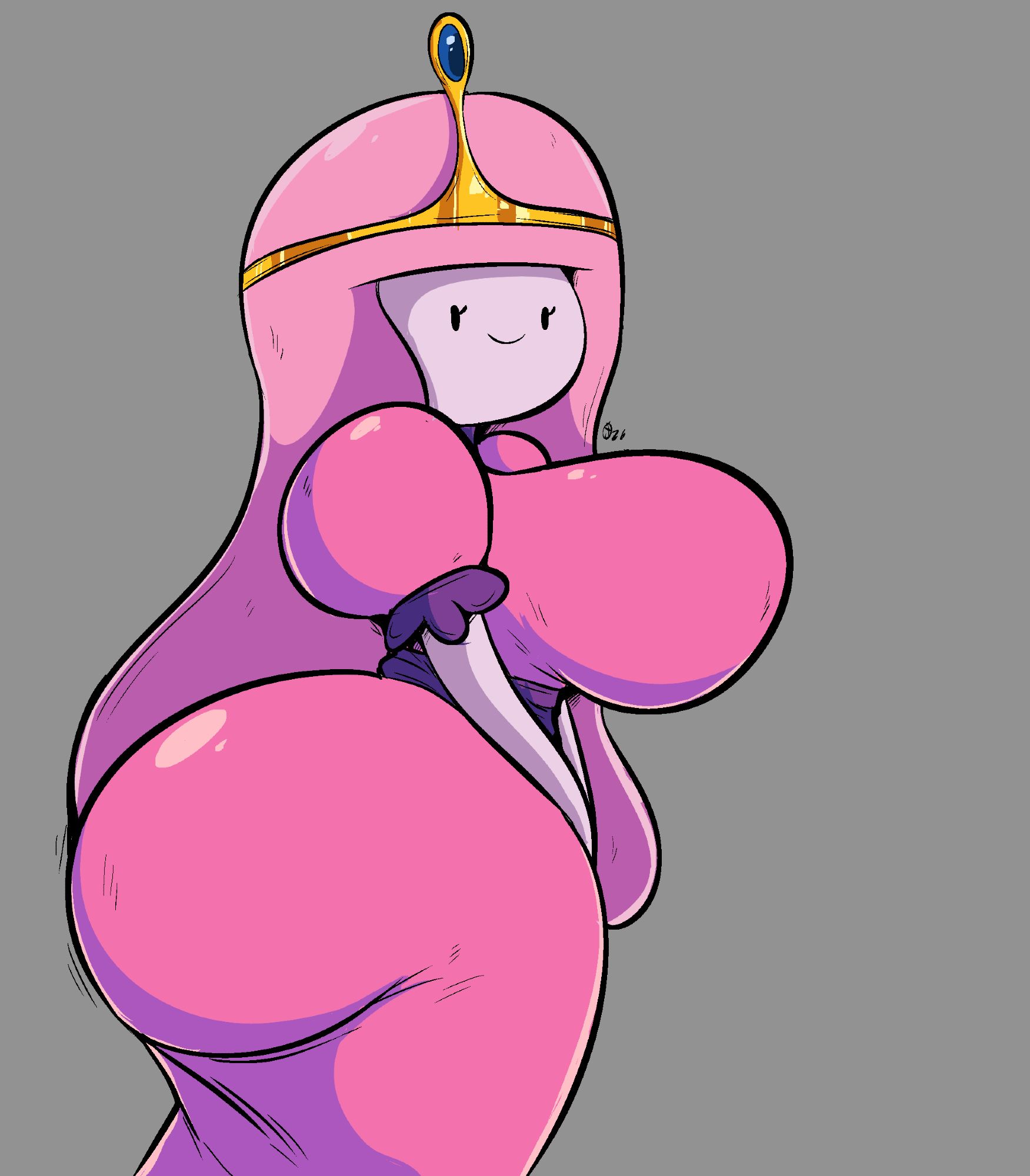 adventure time, artist signature, big breasts, black eyes, breasts, crown, jaqartdood, looking at viewer, odiumcore, pink hair, pink skin, pink-haired female, princess bubblegum
