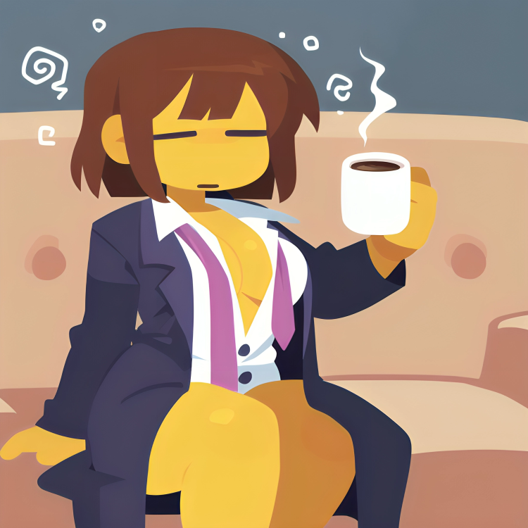 1girl, ai generated, black jacket, blazer, bob cut, brown hair, buttoned shirt, cleavage, closed eyes, clothed, coffee, coffee mug, female, female frisk, frisk, frisk (undertale), holding coffee mug, indoors, job, long coat, loose tie, medium breasts, neutral expression, no panties, no pants, no underwear, office clothing, office lady, pixai, purple tie, slim waist, sofa, solo, suit jacket, thick thighs, tired, unbuttoned, unbuttoned shirt, undertale, undertale (series), yellow skin
