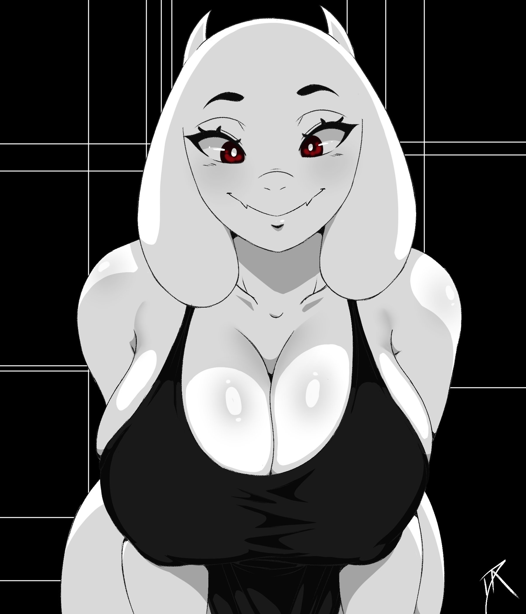 1girls, animal ears, anthro, big breasts, black dress, breast focus, breasts, cleavage, clothing, dalley le alpha, dress, female, female only, horns, huge breasts, looking at viewer, mature female, mature woman, milf, mother, red eyes, smile, solo, solo female, toriel, undertale, undertale (series), white body, white skin