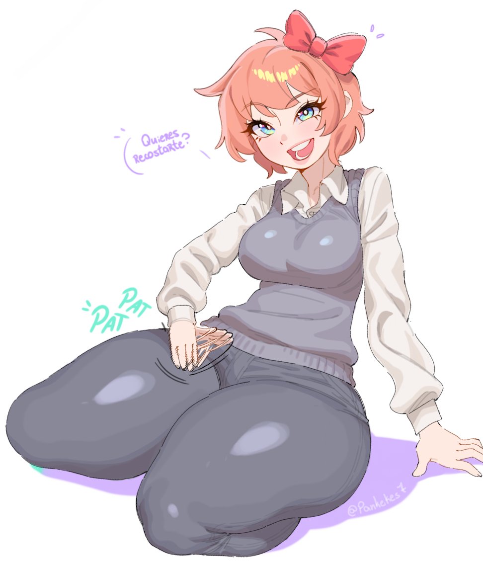 1girls, blue eyes, clothed, female, female focus, female only, mouth open, onomatopoeia, pankekes, ribbon, saori (the p-club), short hair, slapping thigh, spanish text, the p-club, thick thighs, wide hips