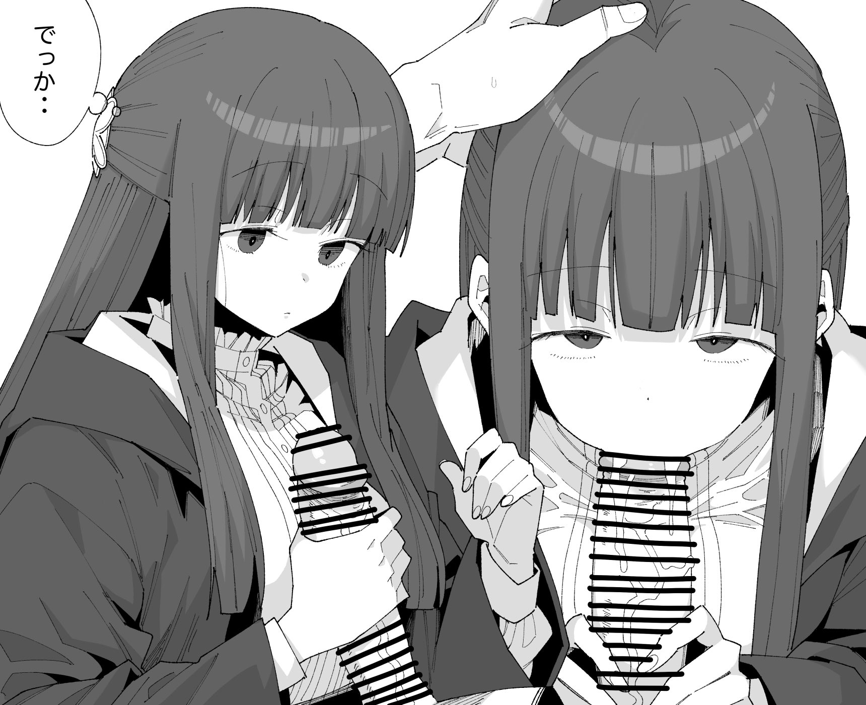 1boy, 1girls, bar censor, blowjob, censor bar, censored, clothing, dress, emotionless, expressionless, fellatio, female, fern (sousou no frieren), greyscale, hand on head, handjob, henyaan (oreizm), japanese text, long hair, looking at penis, looking at viewer, male, monochrome, oral, oral sex, penis, sousou no frieren, text, thought bubble