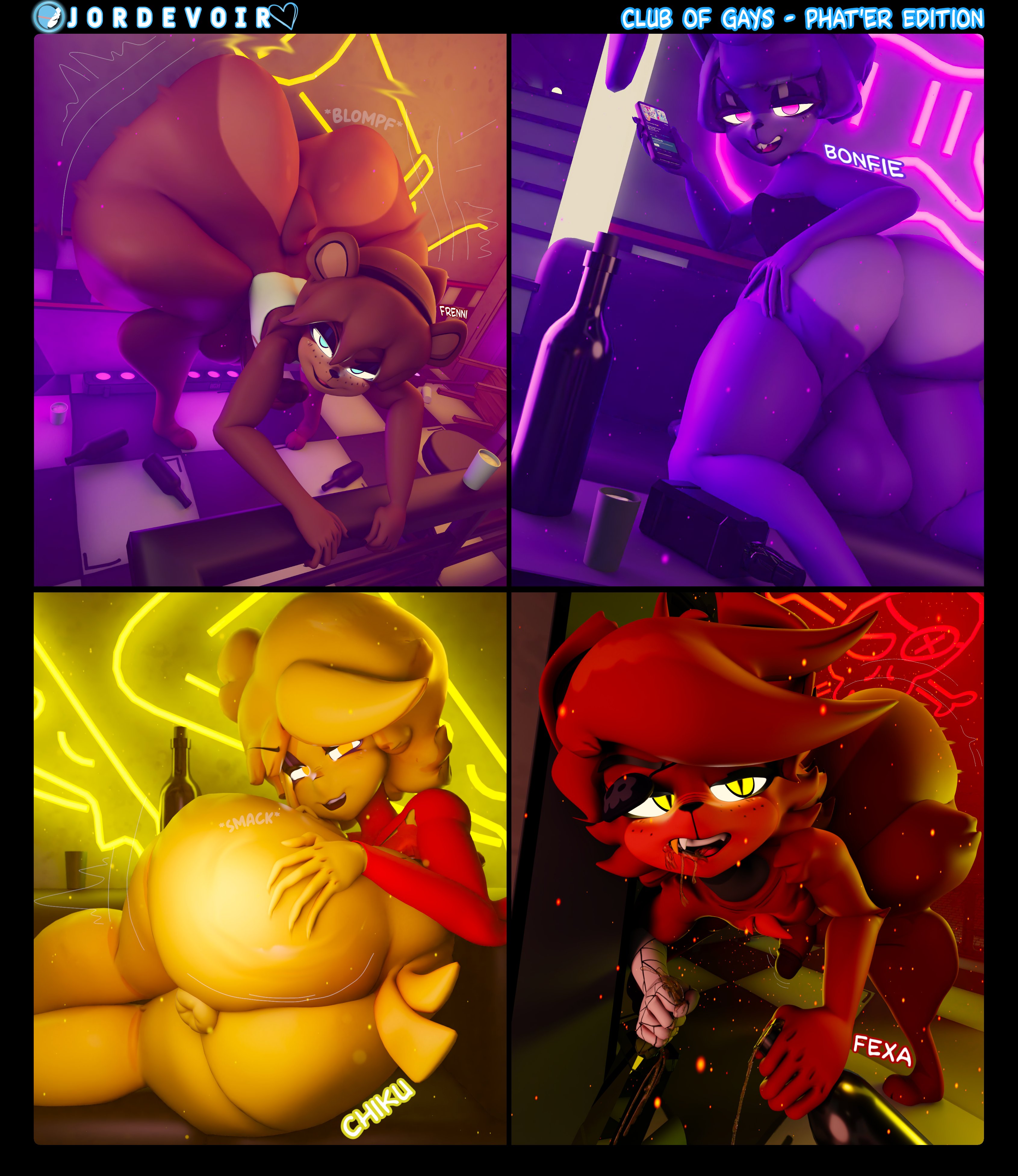 2026, 3d, 3d (artwork), 3d render, 4boys, anthro femboy, blue fur, bonfie, bonnie (fnaf), brown fur, chica (fnaf), chiku, femboy, femboy only, fexa, five nights at freddy's, foxy (fnaf), freddy (fnaf), fredina's nightclub, frenni fazclaire, jordevoir, male only, red fur, robot boy, rule 63, thick thighs, yellow feathers